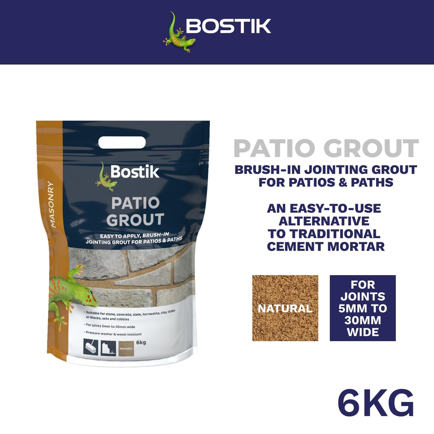 Bostik Patio Grout, Easy to Use, Alternative to Traditional Cement, for Filling and Sealing Joints, Colour: Natural, 6kg