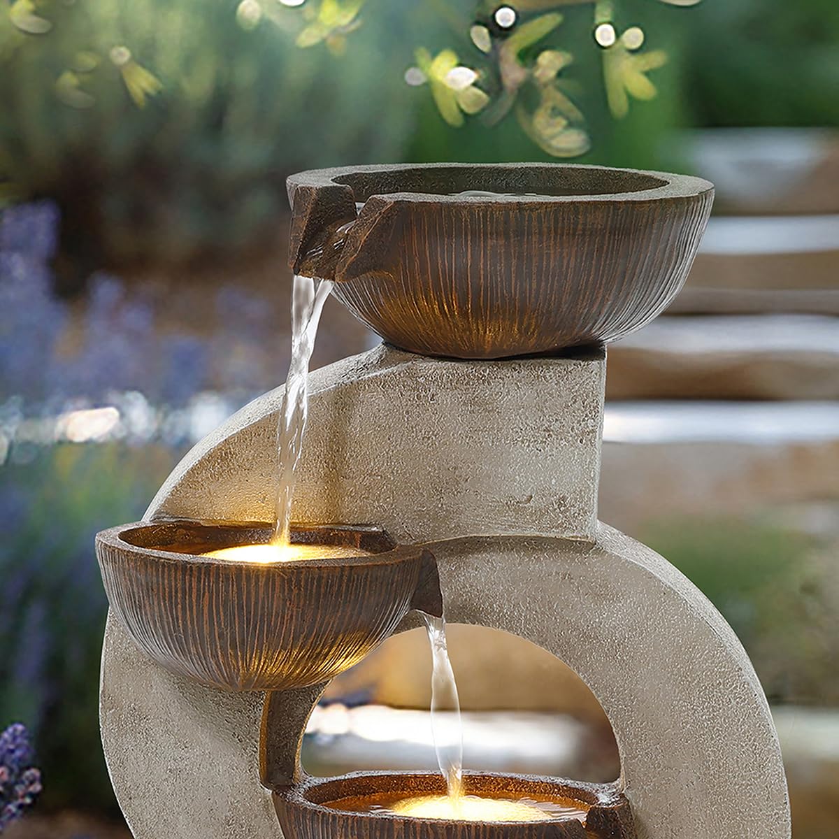 CHARLES BENTLEY 4 Tier Water Feature, UV Resistant, Weather Resistant, Mains Powered, Plug Included, Frost Resistant, Modern, Water Fountain, Built In LED Lights, Polyresin, Stone (59.5x31x25cm)