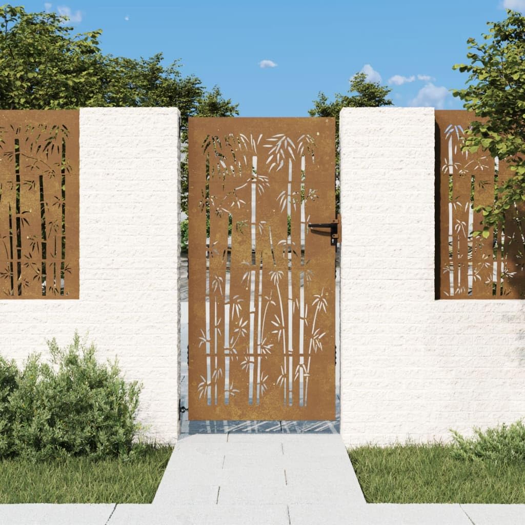 vidaXL Garden Gate Fence Panel 85x200cm Corten Steel - Rustic Brown Bamboo Laser-Cut Design, Lockable Security, Durable Weathering Metal