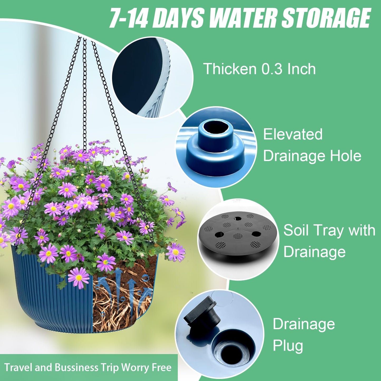 RooTrimmer Hanging Planters for Indoor Plants 9/10/11 Inch, 3 Pack Plant Hanger Outdoor with Drainage Holes, Self Watering Hanging Basket Flower Pot for Garden Home Decor, Dark Blue