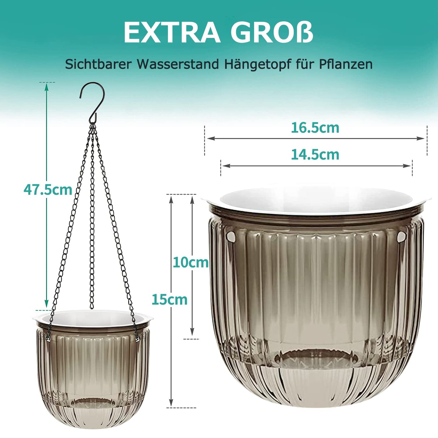 iDattel 6.5 Inch 2Pcs Self-watering hanging flower pot plants,Indoor hanging flower pots with 3Hooks drainage holes for indoor outdoor ceilings balconies wall decoration(Gray)