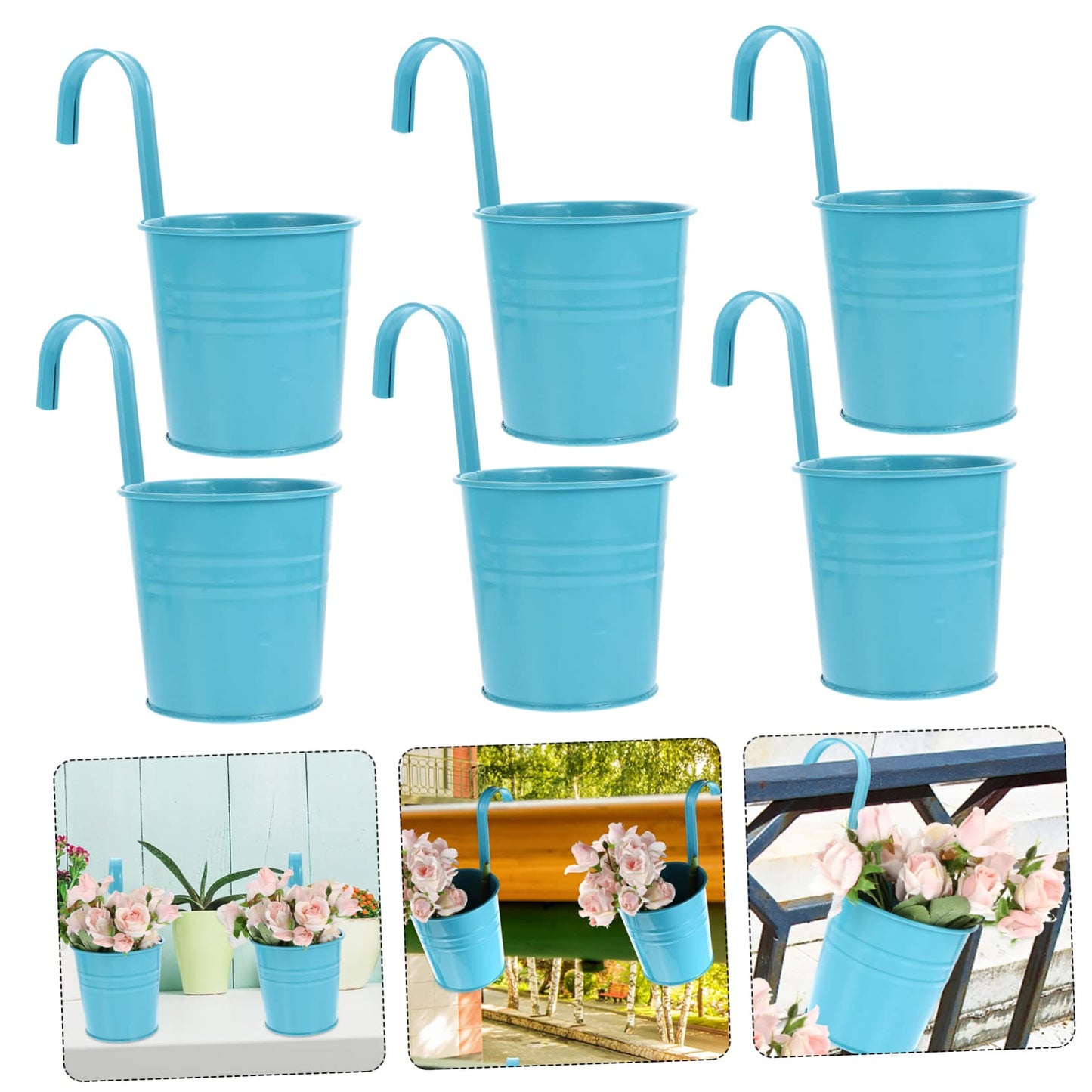 OFFSCH 6pcs Hanging Tin Flower Bucket French Country Decor Outdoor Metal Flowers Outdoor Plant Pots Iron Flower Pot Small Hanging Planters Blue Hanging Iron Bucket Flower Holder Metal
