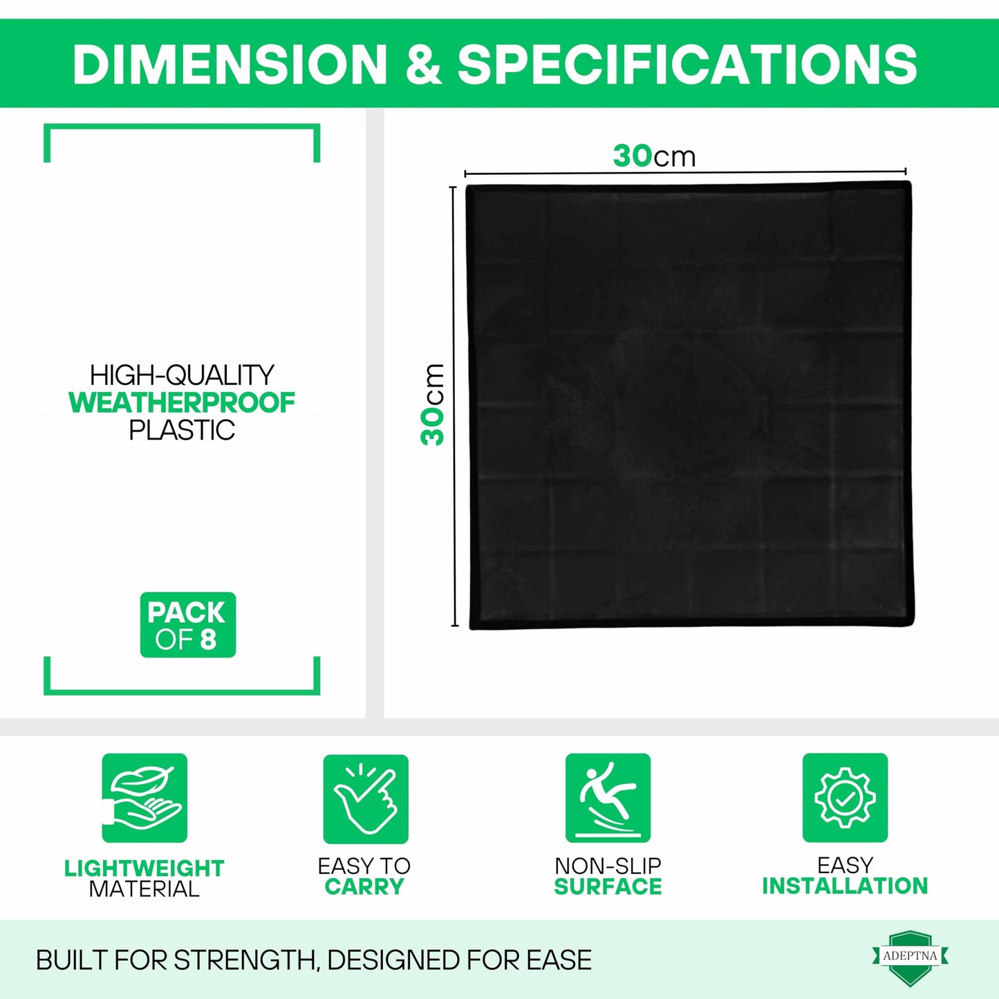 ADEPTNA Pack of 8 Plastic Patio Block Stepping Stones Easy Install, Weatherproof, Lightweight Concrete Effect Paving Slabs Anti-Slip & UV Resistant Square Stones for Outdoor Garden Pathway Patio
