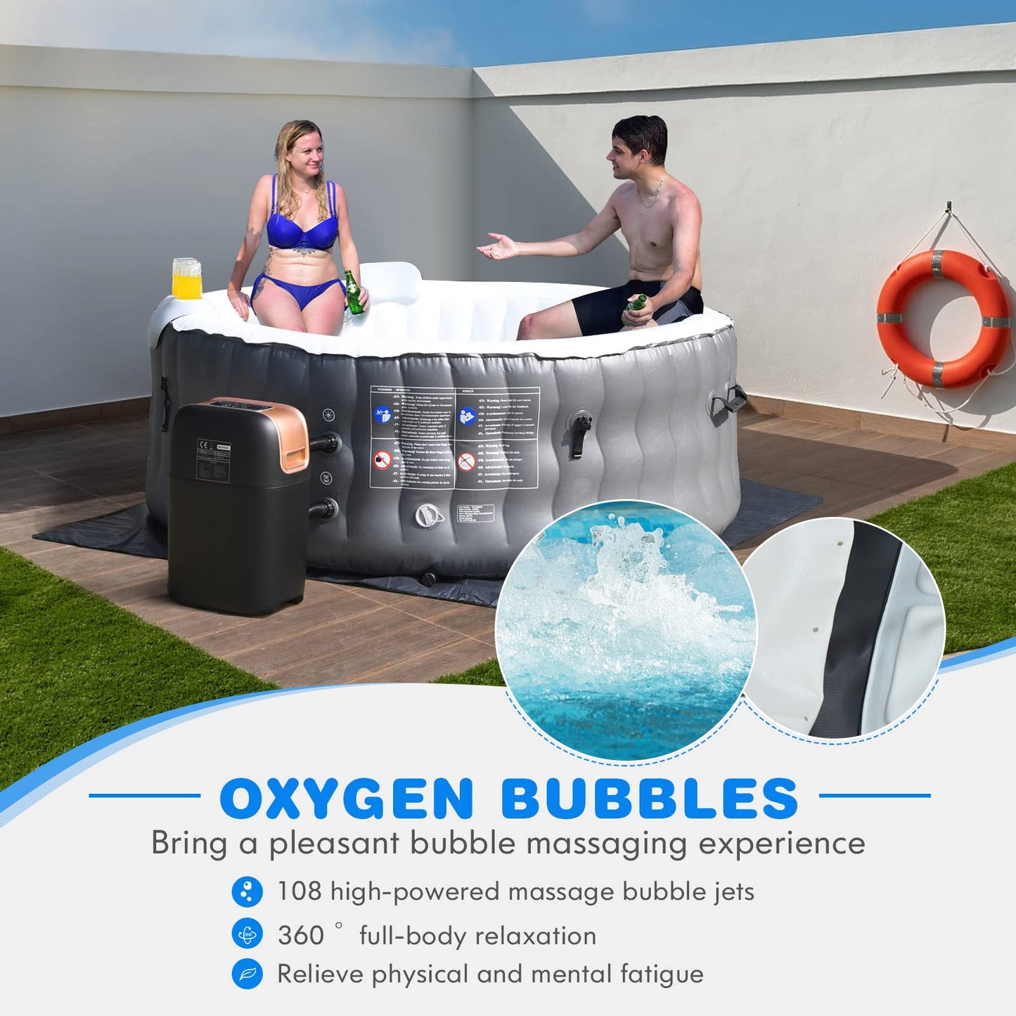 COSTWAY 4-6 Person Hot Tub Spa, 108 AirJet Massage System Outdoor Inflatable Hot Tubs with Headrest, Drink Holder, Pool Cover and Ground Sheet, Quick Heating Smart Filtration Round Hottub (Grey)