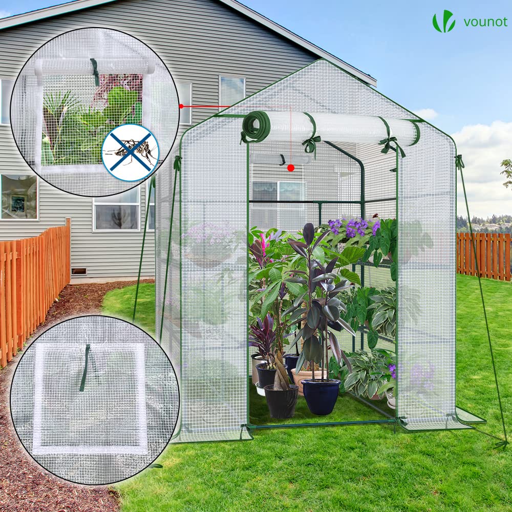 VOUNOT® Walk In Greenhouse with Shelves, Roll up Zip Panel Door Garden Plastic Polytunnels Grow House for Outdoor Use, White 143x143x195cm