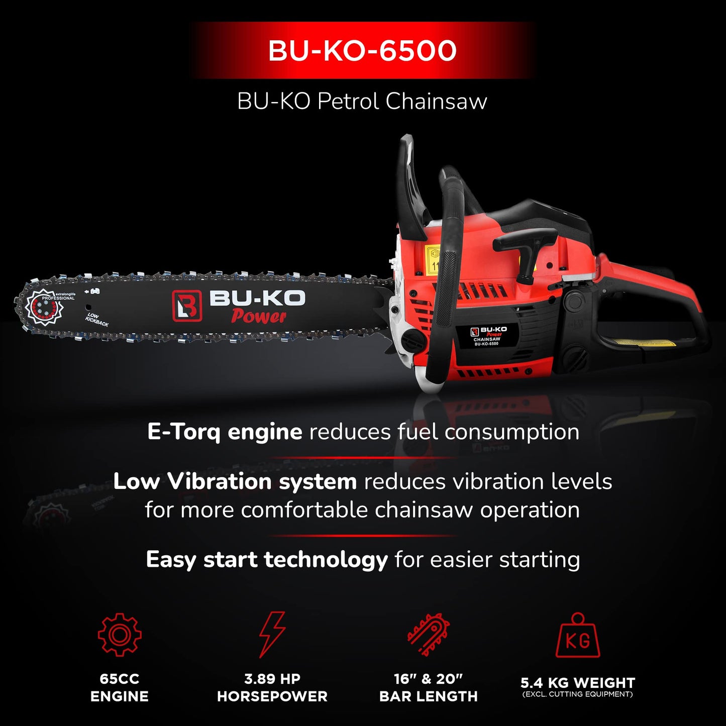 BU-KO 65cc Petrol Chainsaw 3.89HP 20" Bar with 2 Chains and 16" Bar with 2 Chains - Cover Bag and Full Safety Gear