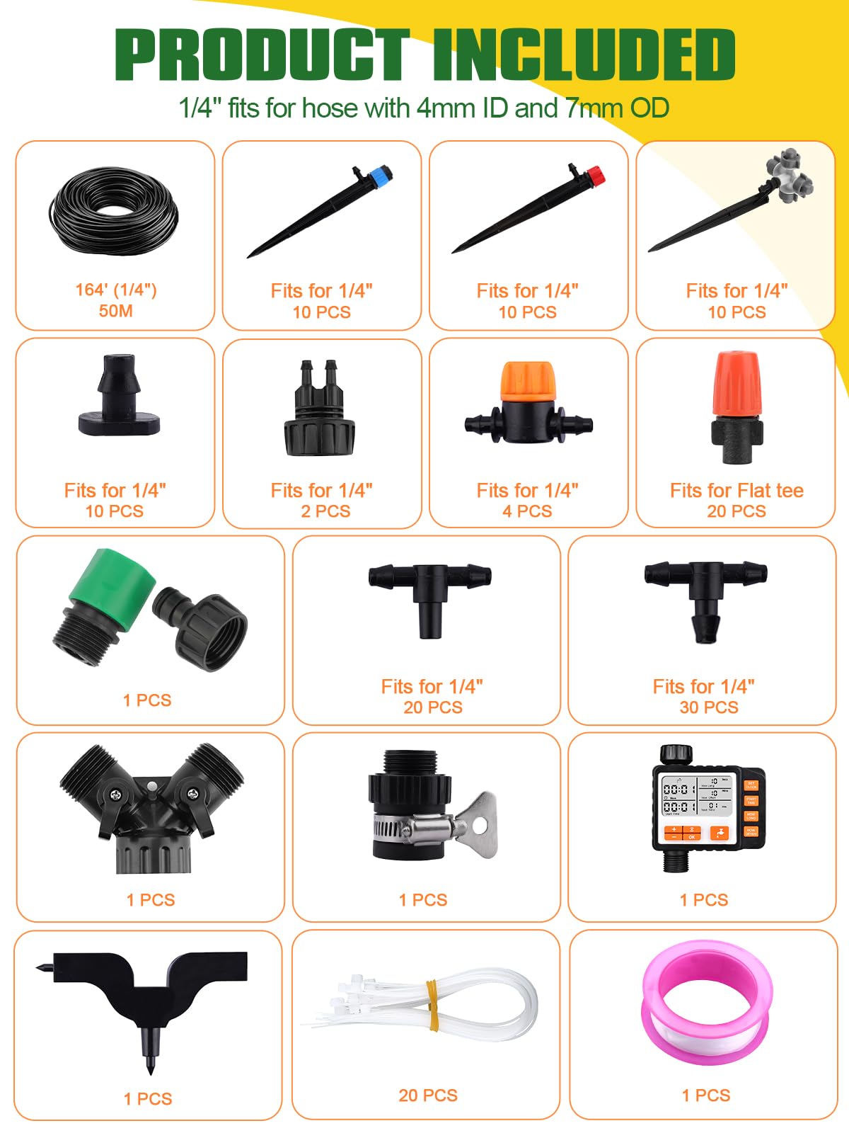 Kalolary Drip Irrigation Kit, 164 Ft Adjustable Garden Watering System with Timer, 133 PCS Blank Distribution Watering Drip Tubing Kits for Patio Lawn Garden Greenhouse Flower Bed