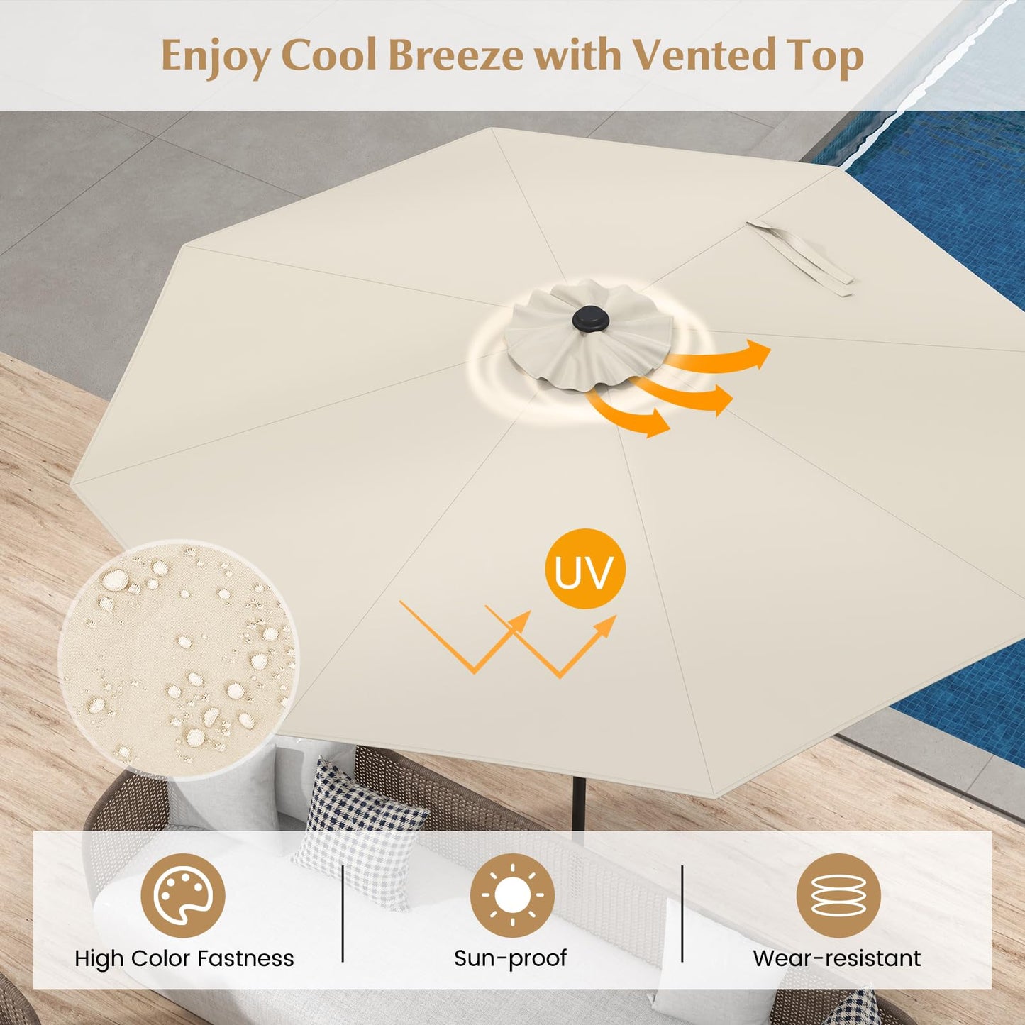 COSTWAY 2.7m Garden Parasol, Waterproof Patio Umbrella with Tilt, Crank Handle & Vented Top, 8 Ribs UV Protective Outdoor Table Sun Shade for Market Yard Pool (Beige)