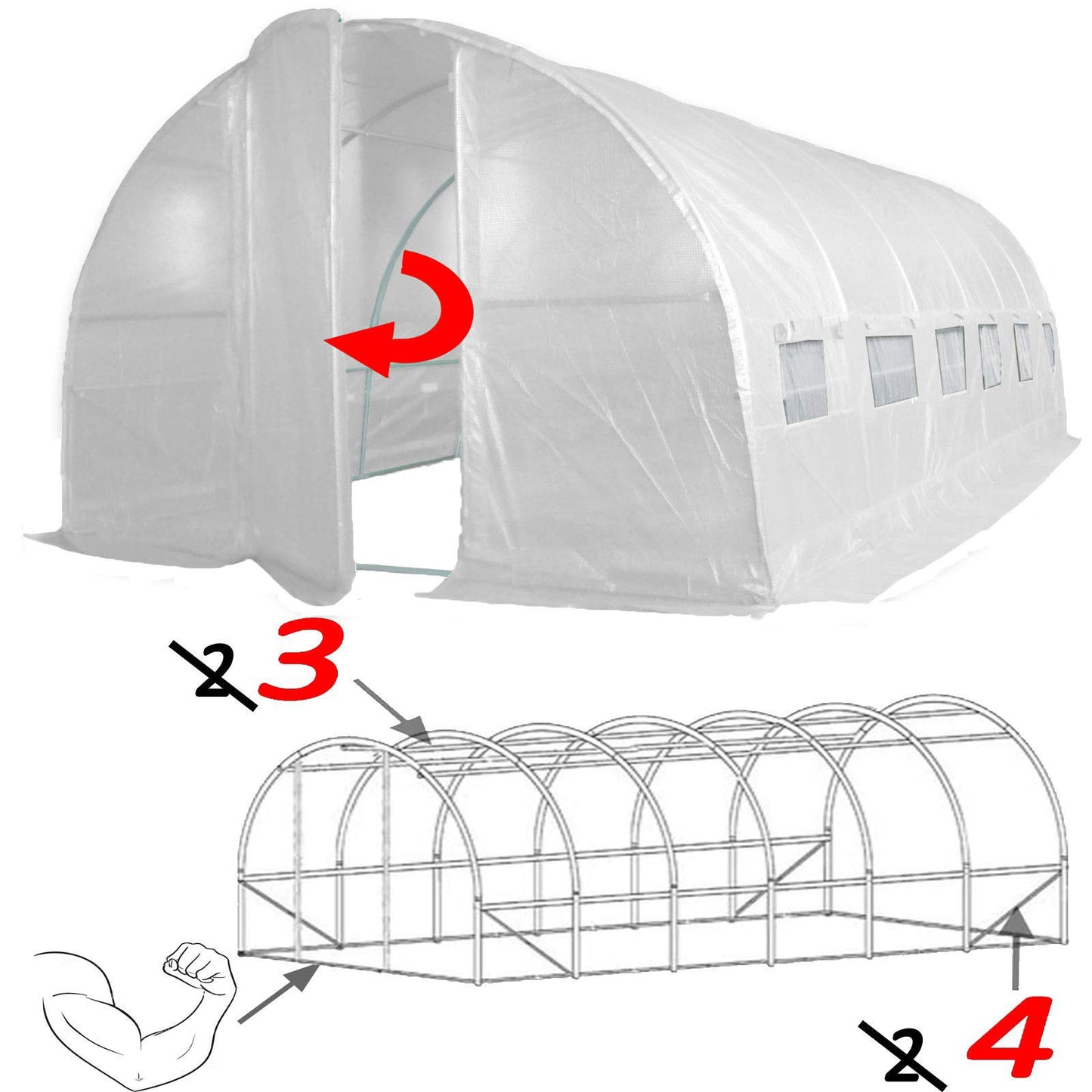 5 Sizes Polytunnel "Strongest In It's Class" a fully Galvanised Structure with more Diagonal & Roof Bracing than all others. Metal Hinged Door | Groundbar Kit. (6m x 3m)