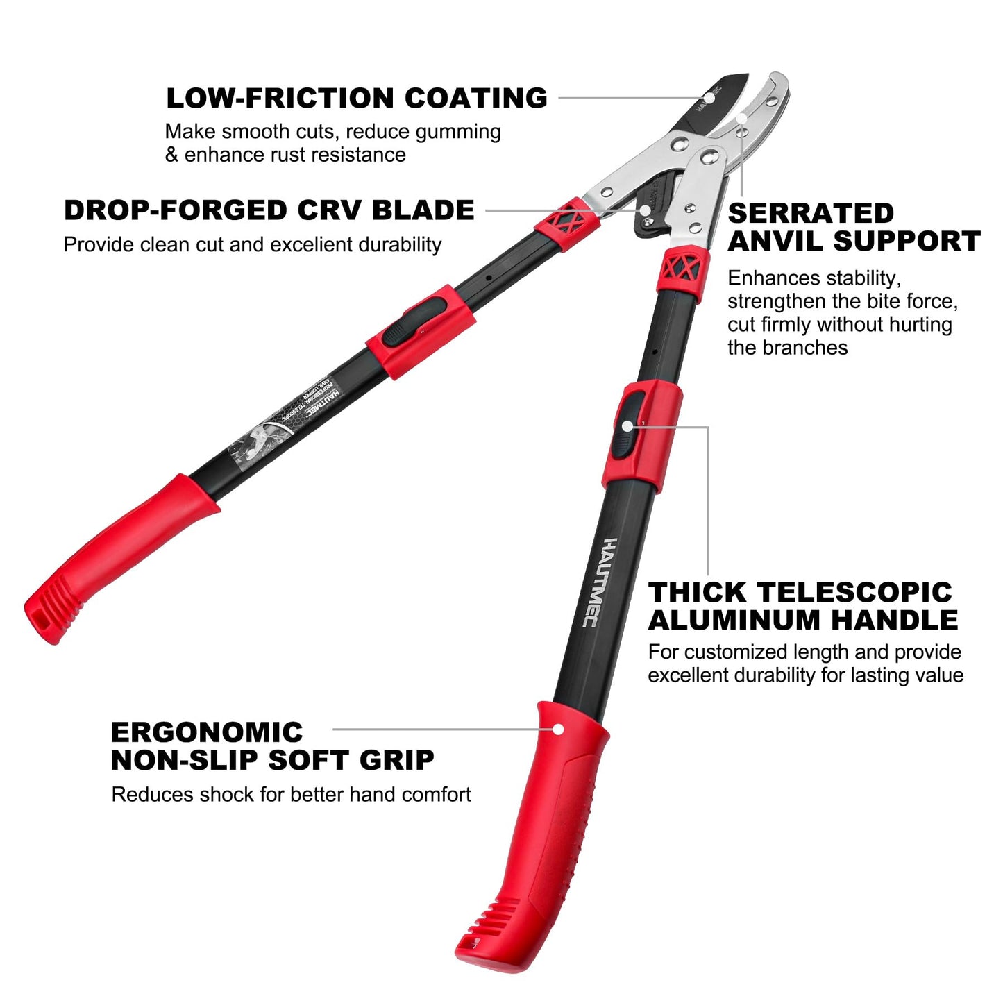 HAUTMEC Extendable 27-37'' Anvil Loppers with Compound Action System, 2 Inch Cut Capacity, Labor-Saving Tree Trimmer, Heavy Duty Thick Branch Garden Pruning Clippers Scissors HT0149-UK