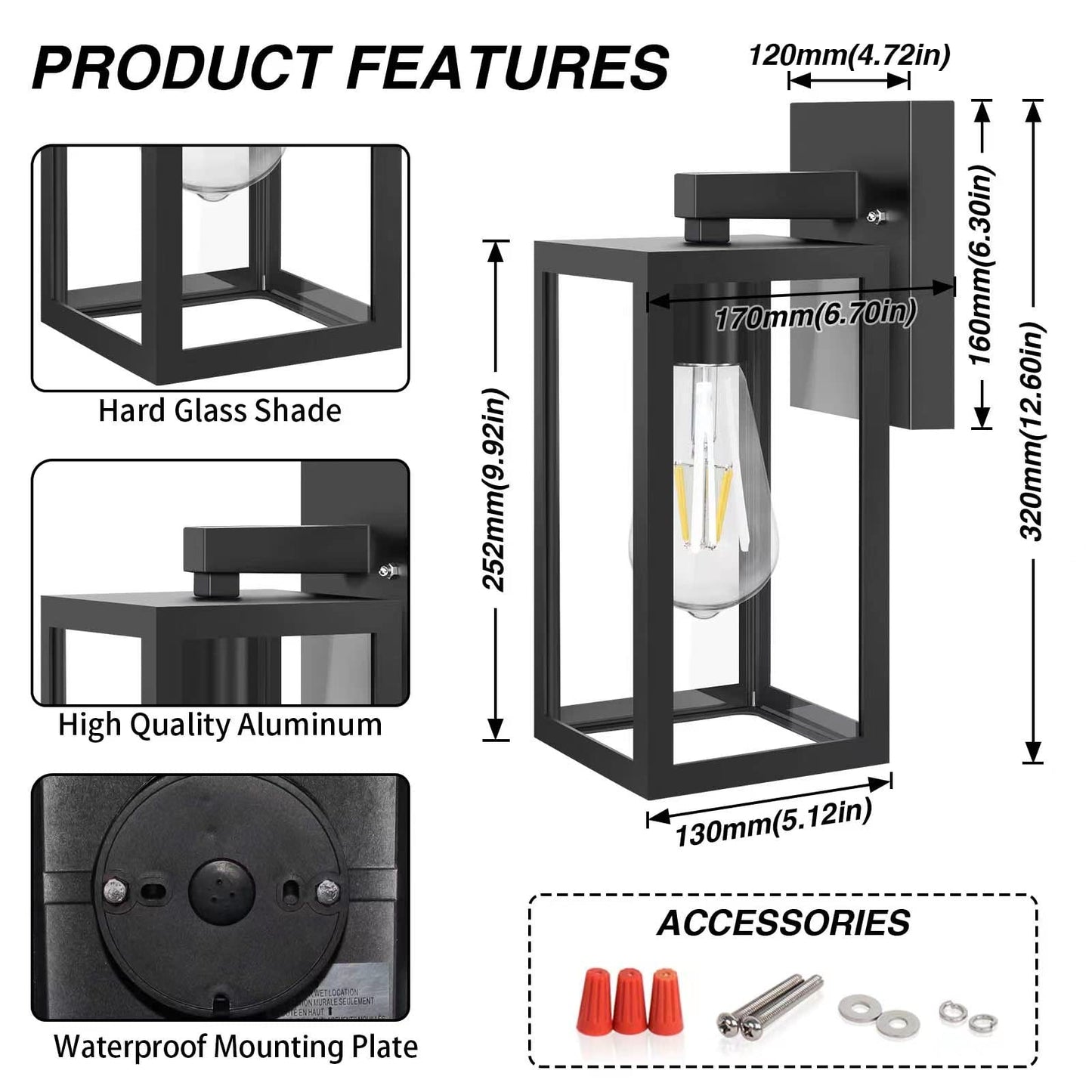 Aranzyec Outdoor Wall Lights Mains Powered, Max 60W E27 Aluminum Outside Wall Lamp, Black Wall Sconce, IP54 Waterproof, Garden Lights for Front Door, Patio, Terrace, Hallway, Garage, Porch