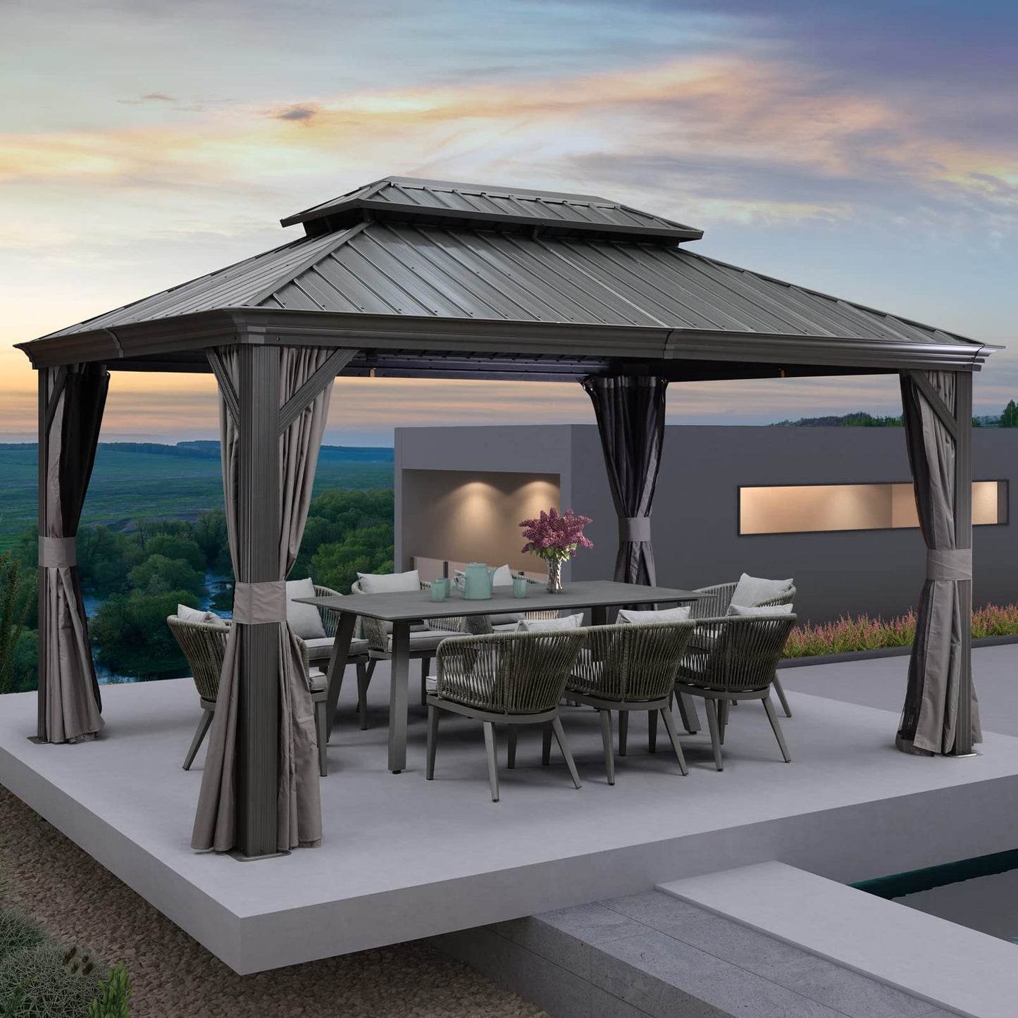 PURPLE LEAF 3m x 4.25m Hardtop Gazebo Double Layer Roof with Ventilated Top and Built-in Drainage System Equipped with Curtains and Nettings Modern Elegant Design for Garden