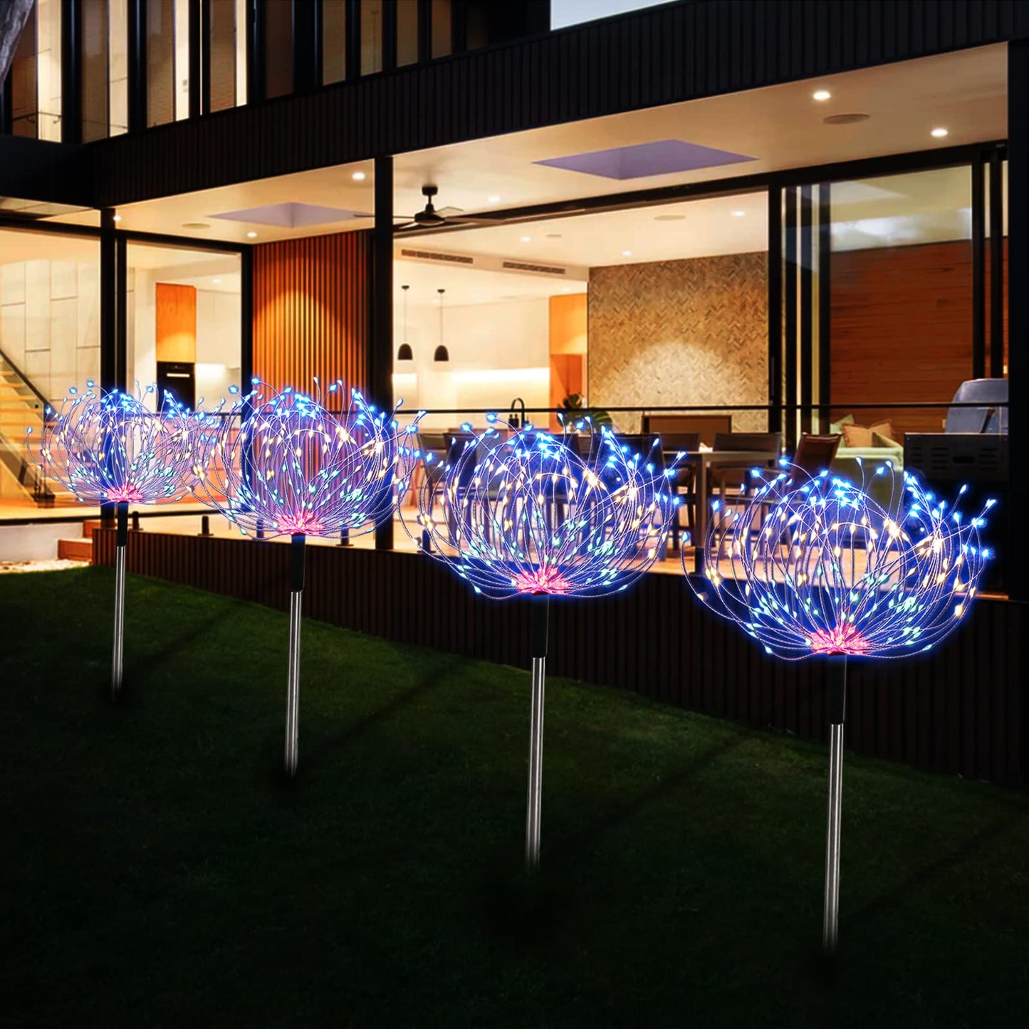 AcaJoe Solar Garden Lights Outdoor 4 Pack 480 LED Firework Path Lights Solar Powered Starburst Fairy Lights Waterproof 8 Lighting Modes with Remote Control for Patio Christmas Party Yard Decorative