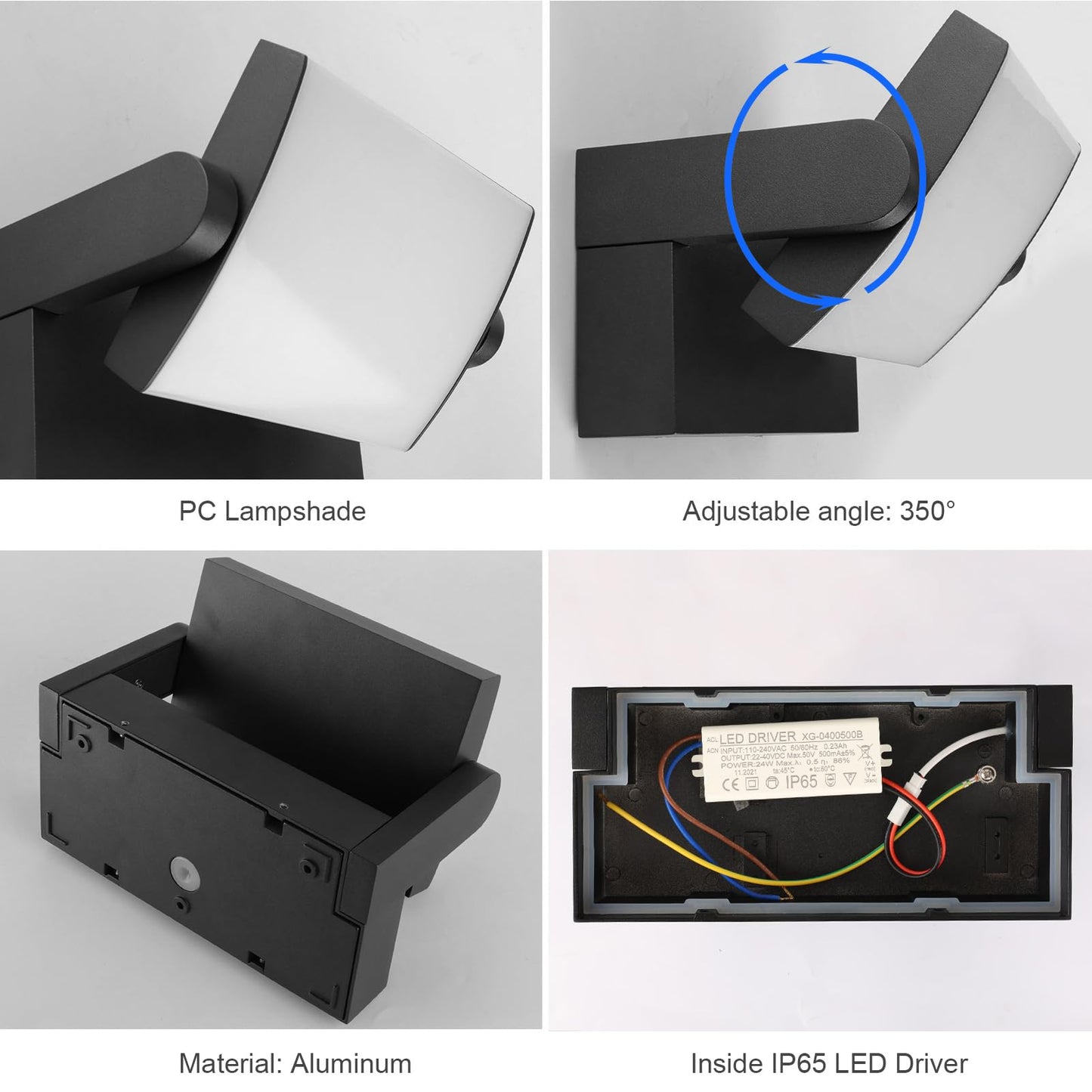 Klighten 24W LED Wall Light Outdoor Indoor Waterproof IP65 Adjustable Lamp Modern Outdoor Light Aluminum Wall Lighting for Entrance Stairs Garden Hallway, Black, Warm White 2700K-3000K