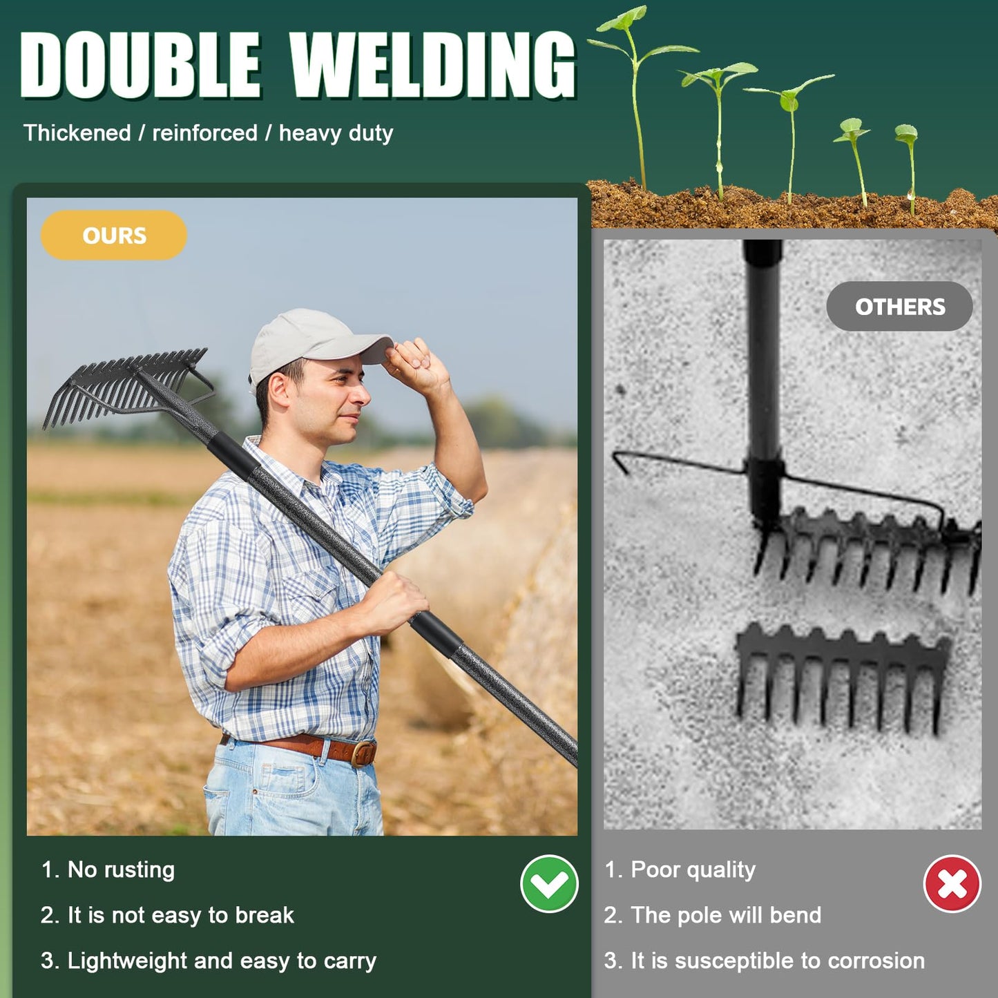 JAOTREL 60'' Bow Rake Heavy Duty Garden Rake with Stainless Steel Handle,Tines Metal Head Rake Tool for Loosening Soil Gathering Leaf Leveling Lawn Farming Land Management Yarn Thatch Rake