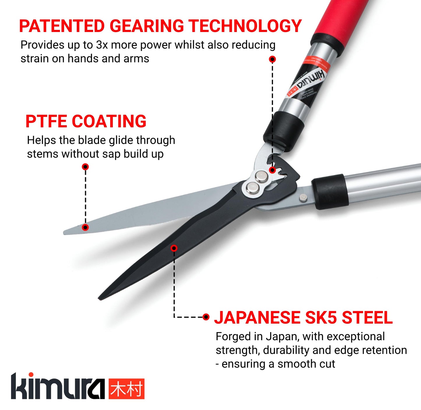Kimura® Pro Telescopic Garden Shears - Premium Hedge Shears, Patented Gearing Technology, Lightweight Extendable Aluminium Handles, Japanese SK5 Steel Blades, Heavy Duty Gardening Shears - 630-820mm