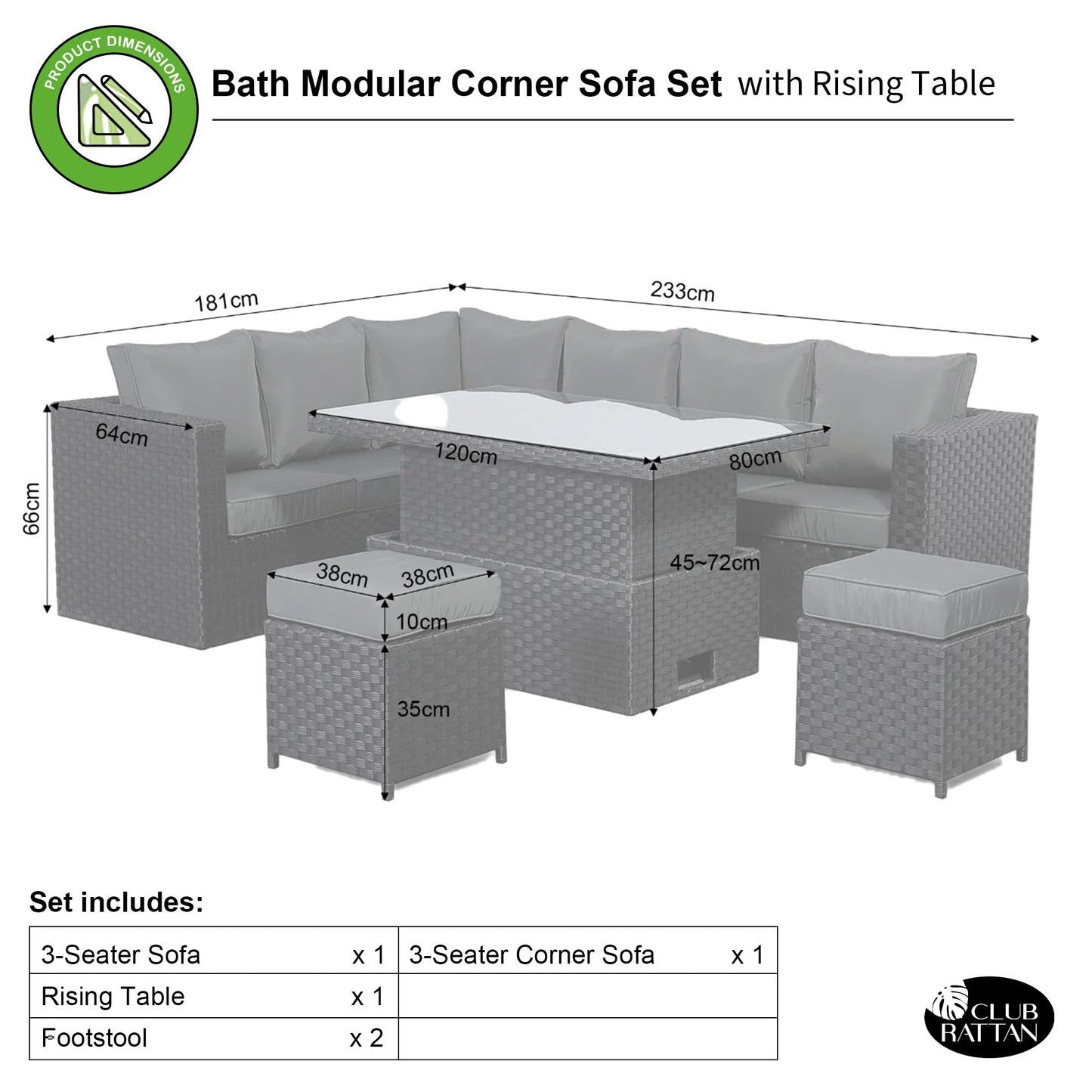 Club Rattan Rattan Corner Sofa Set Rattan Garden Furniture Set Patio Corner Sofa Set with Rising Table and Washable Cushions (black, 8 seats)