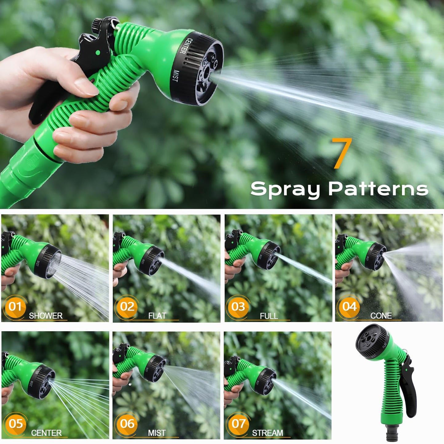HOMOZE Garden Hose Pipe Expandable Garden Hose with 3/4", 1/2" Fittings, Anti-Leakage - Flexible Expanding Hose with 7 Function Spray Nozzle (50FT, Green)