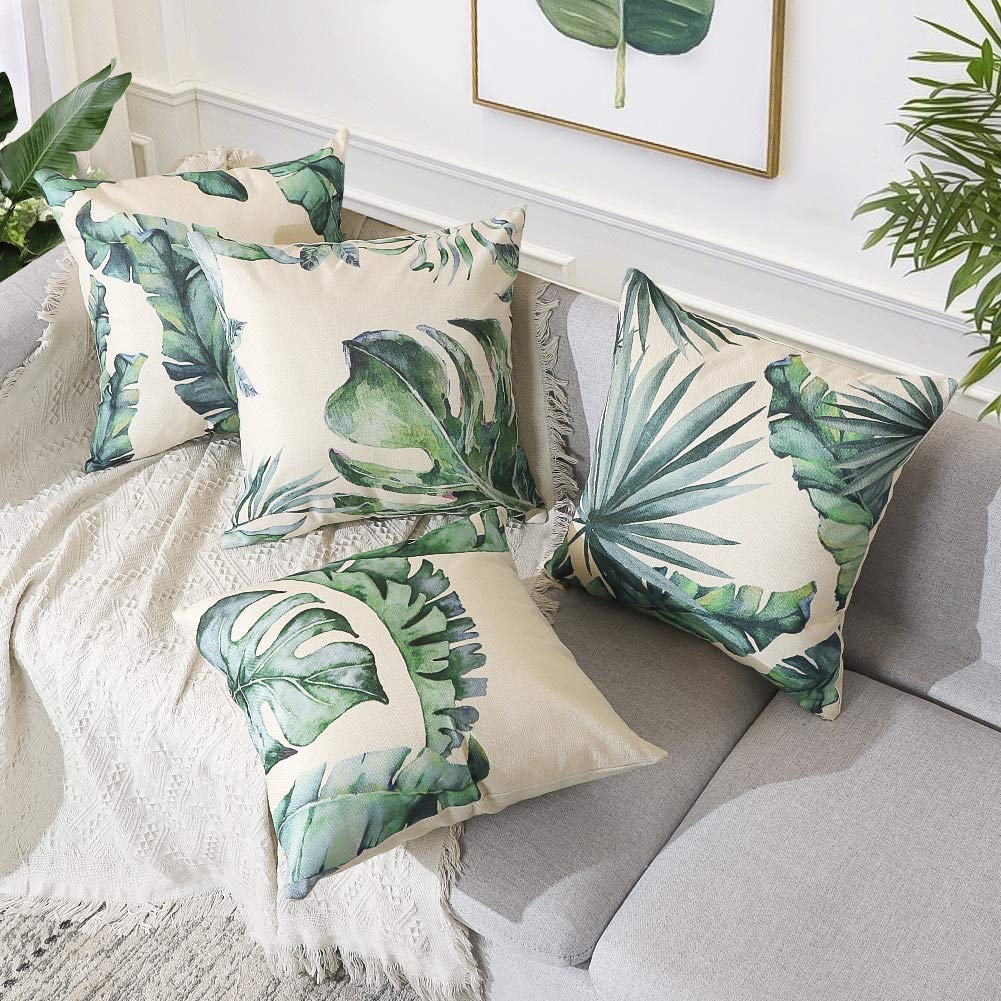 Artscope Set of 4 Decorative Cushion Covers 45x45cm, Tropical Plants Waterproof Throw Pillow Covers, Perfect to Outdoor Patio Garden Bench Living Room Sofa Farmhouse Decor