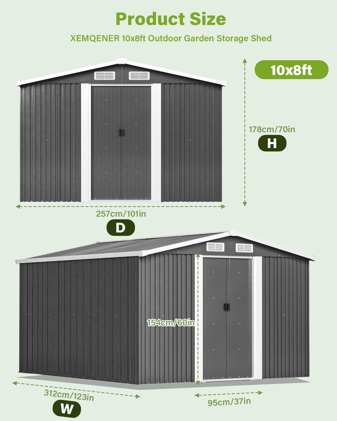 XEMQENER Large Garden Storage Shed with Base, 10x8 FT Metal Garden Shed with Door and Roof, Lockable Outdoor Storage House for Gardening Tools, Gardening Equipment, Bike, 257x312x178cm, Black