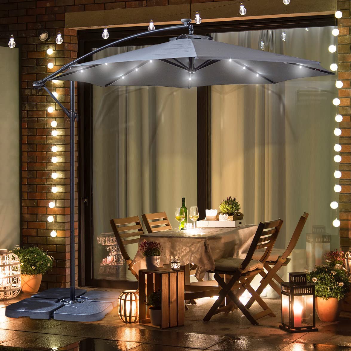 Neo 3M Garden Banana Outdoor Waterproof Freestanding Parasol LED Lights Hanging Cantilever Umbrella Sun Shade with Crank Handle Water Base (Grey)