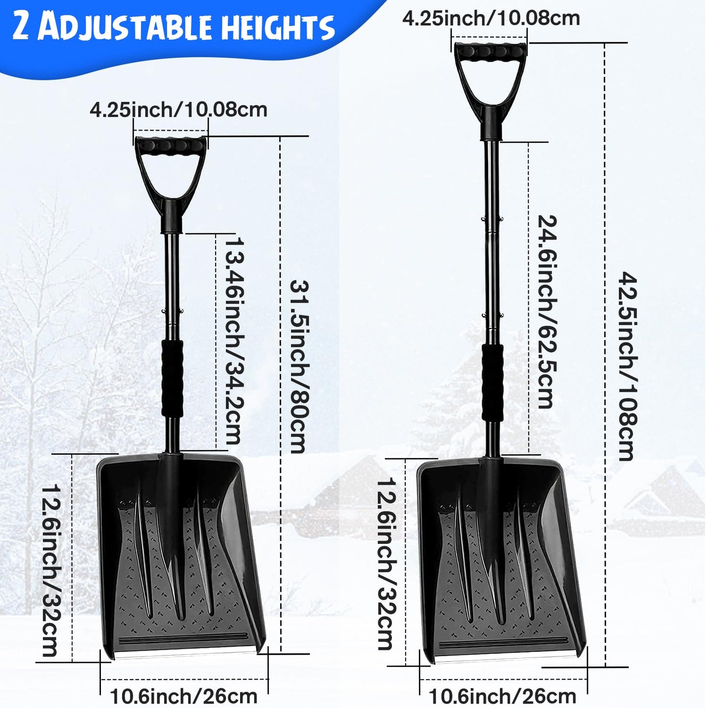 2025 New Snow Shovel, Upgrade Large-Capacity Lightweight Aluminum Portable Snow Shovel, Parent-Child Playing Snow Shovel, Shovel for Garden, Car, Camping with Extra Ice Scrape(Black)