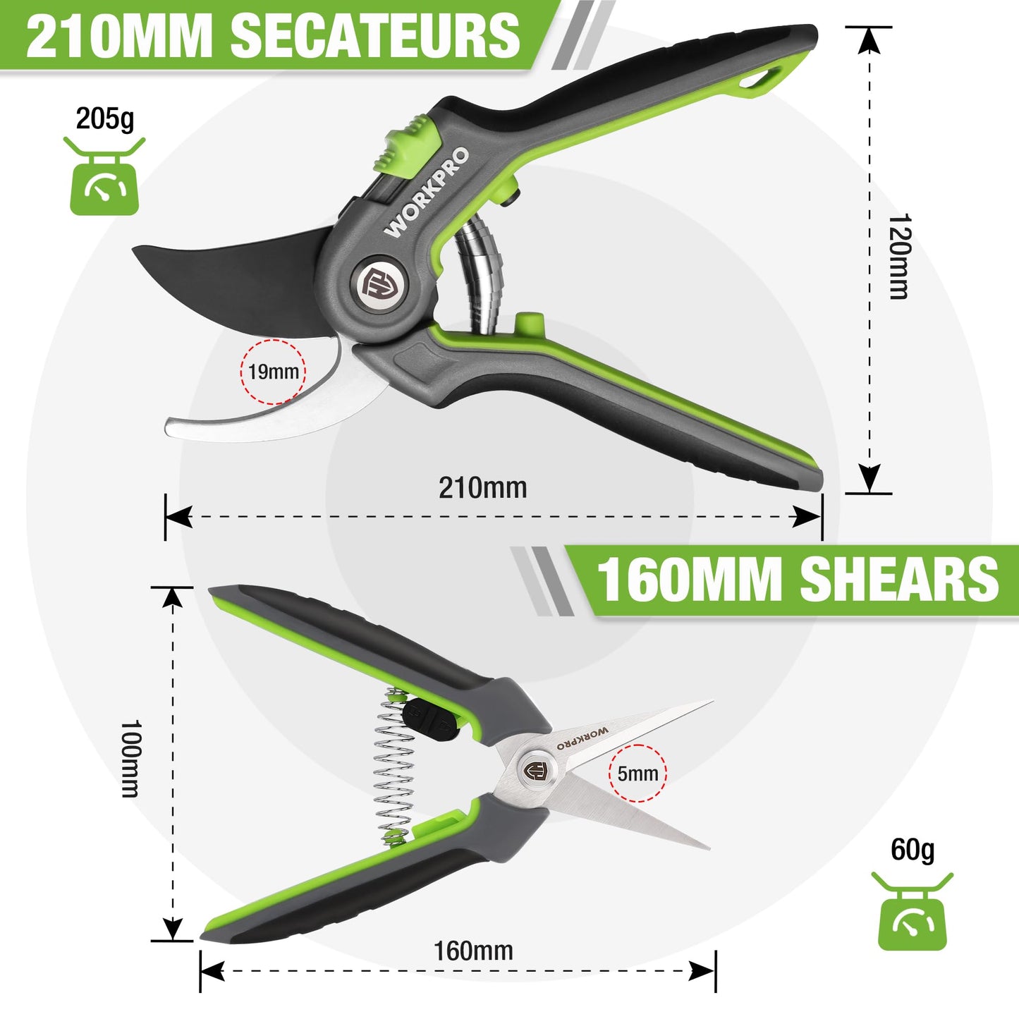 WORKPRO 2-Piece Secateurs & Pruning Scissors | Heavy Duty 210mm Bypass Secateurs with SK5 Blades and 160mm Shears | Labor-Saving Scissors with Safty Lock | Essential Garden Tools for Pruning Flowers