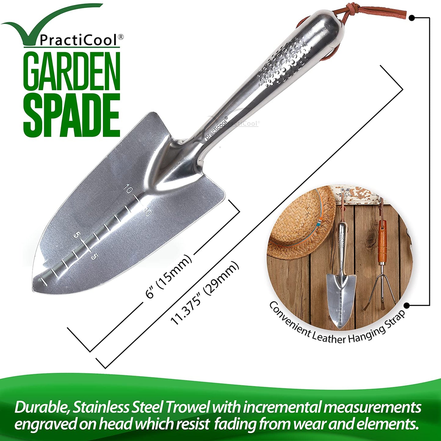 Practicool Garden Hand Transplanter Trowel Hand Spade Shovel - Stainless Steel – with Measurements, Ideal for potting, transplanting, planting seeds and Bonsai