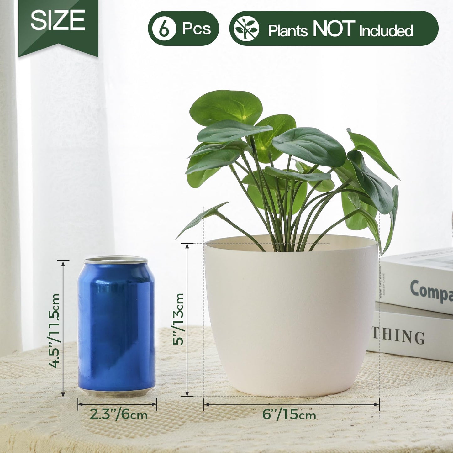 T4U 15CM Plastic Plant Pots, Self Watering Plant Pots Set of 6, Flower Pots for Indoor Outdoor, White Plastic Planters for Plant Flower Aloe Herbs