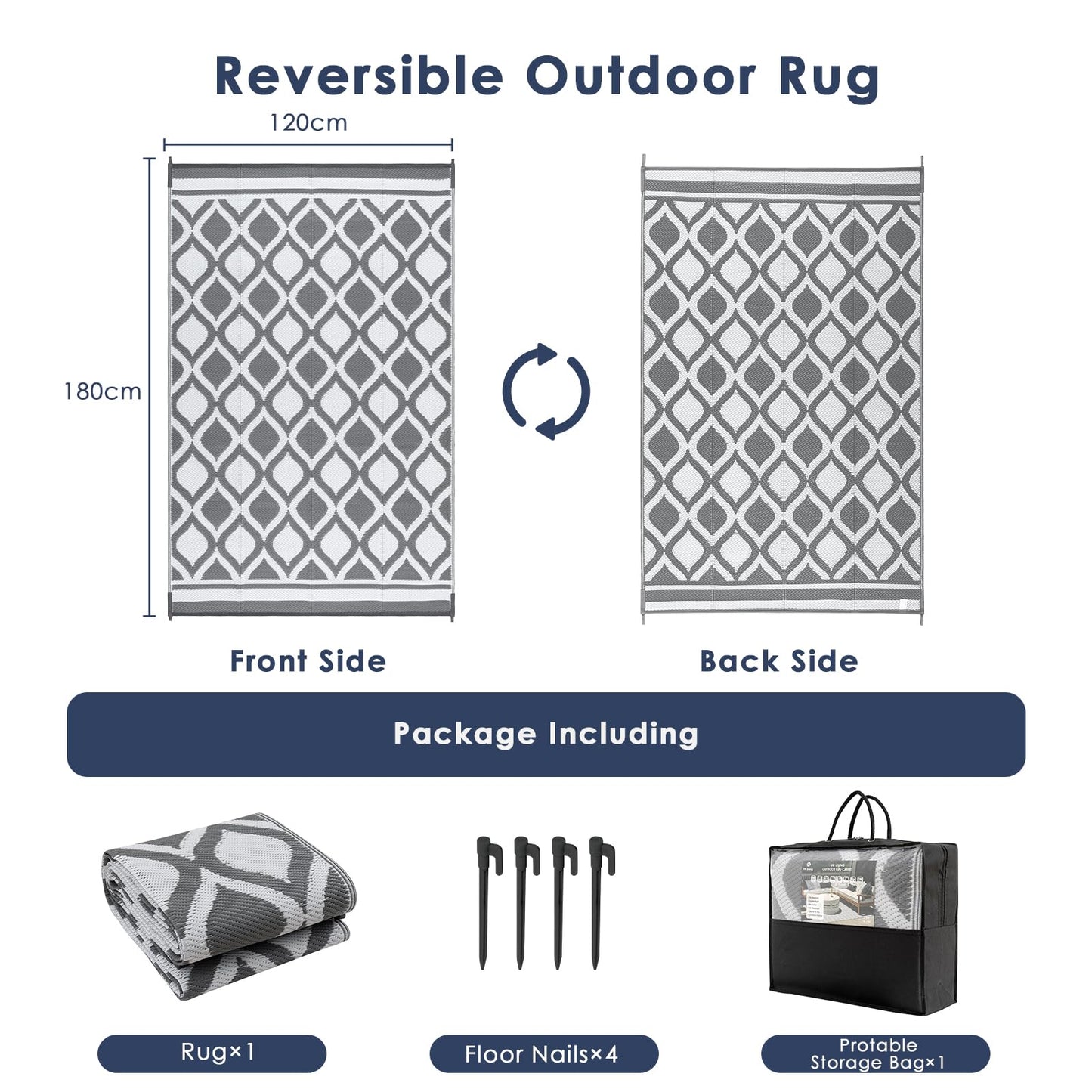 VK·living Outdoor Rug for Garden Patios Waterproof 120X180cm Reversible Carpet Durable & UV Resistant Modern Outdoor Mat Portable Lightweight Area Patio Rugs for Balcony Camping Yard RV Grey&White