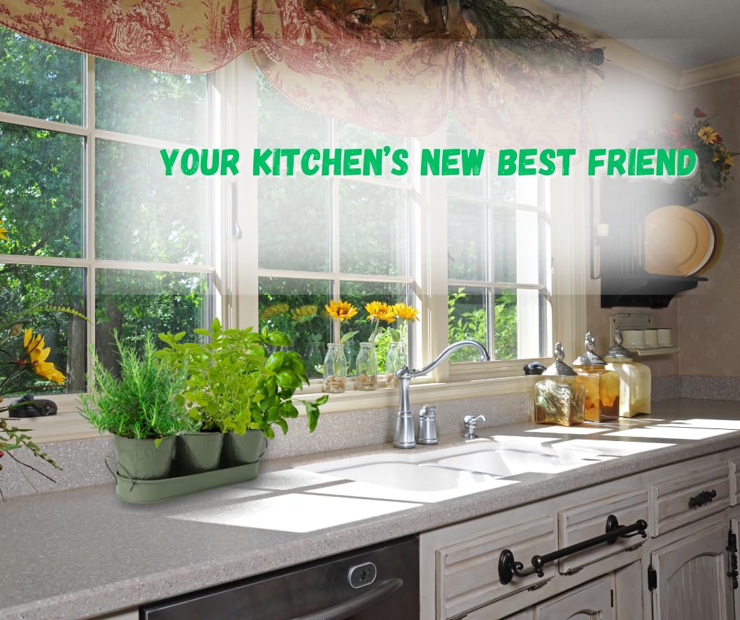 Trendi – Set of 3 Metal Plant Pots with Drip Tray | Embossed Indoor & Outdoor Plant Pots for Garden, Windowsill, Kitchen & Desk | Decorative Metal Flower Pots for Herbs & Plants | Olive Green