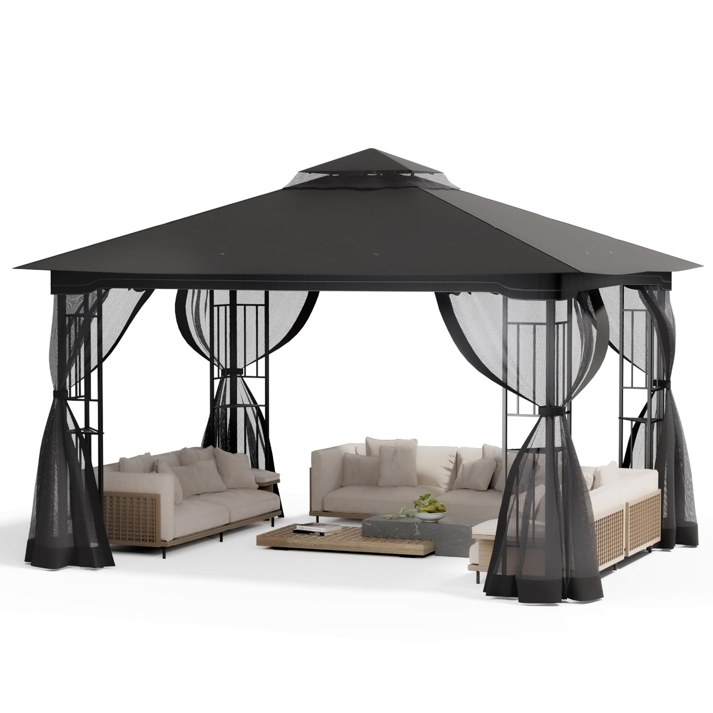 The Fellie 3M x 4M Gazebos with Double Tiered Roof, Large Outdoor Garden Gazebos with Mosquito Netting, Heavy Duty Metal Gazebos for Garden, Patio, Party, Camping, Waterproof, Dark Grey