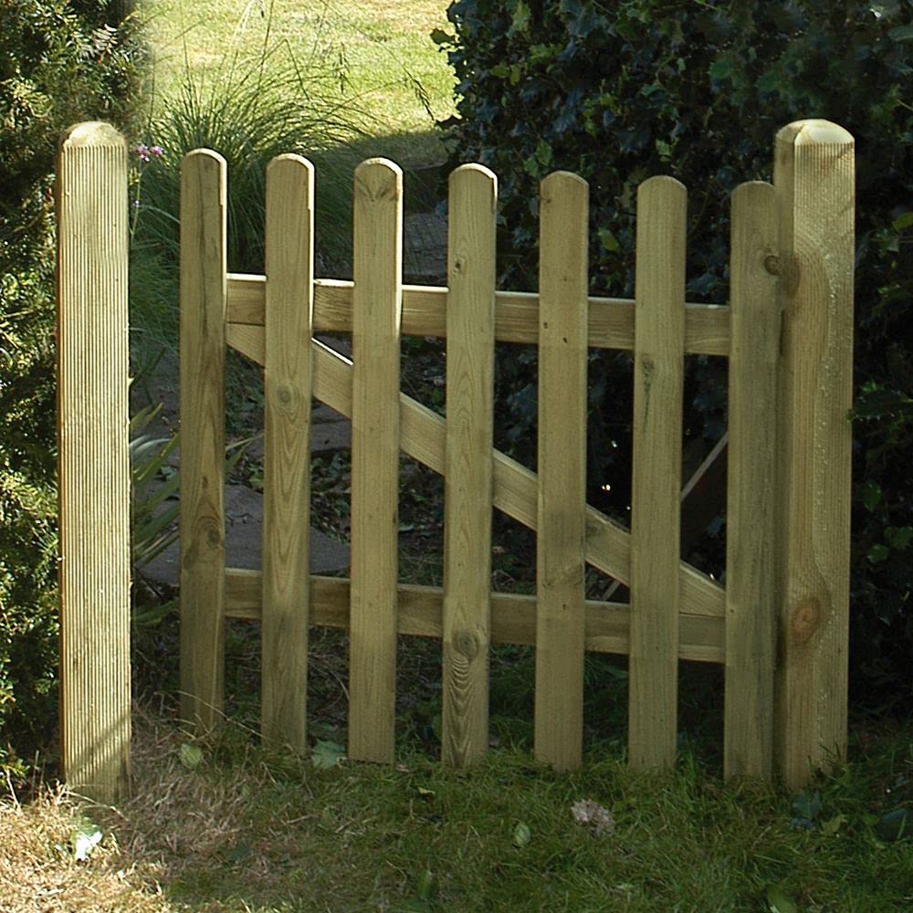 tradefirst Round Top Picket Garden Gates, Wooden Picket Fence Panels 3ft, Garden Gate 90cm Wide, FSC TANALISED Wooden Gate, Outdoor Gate H x L (90cm x 90cm)