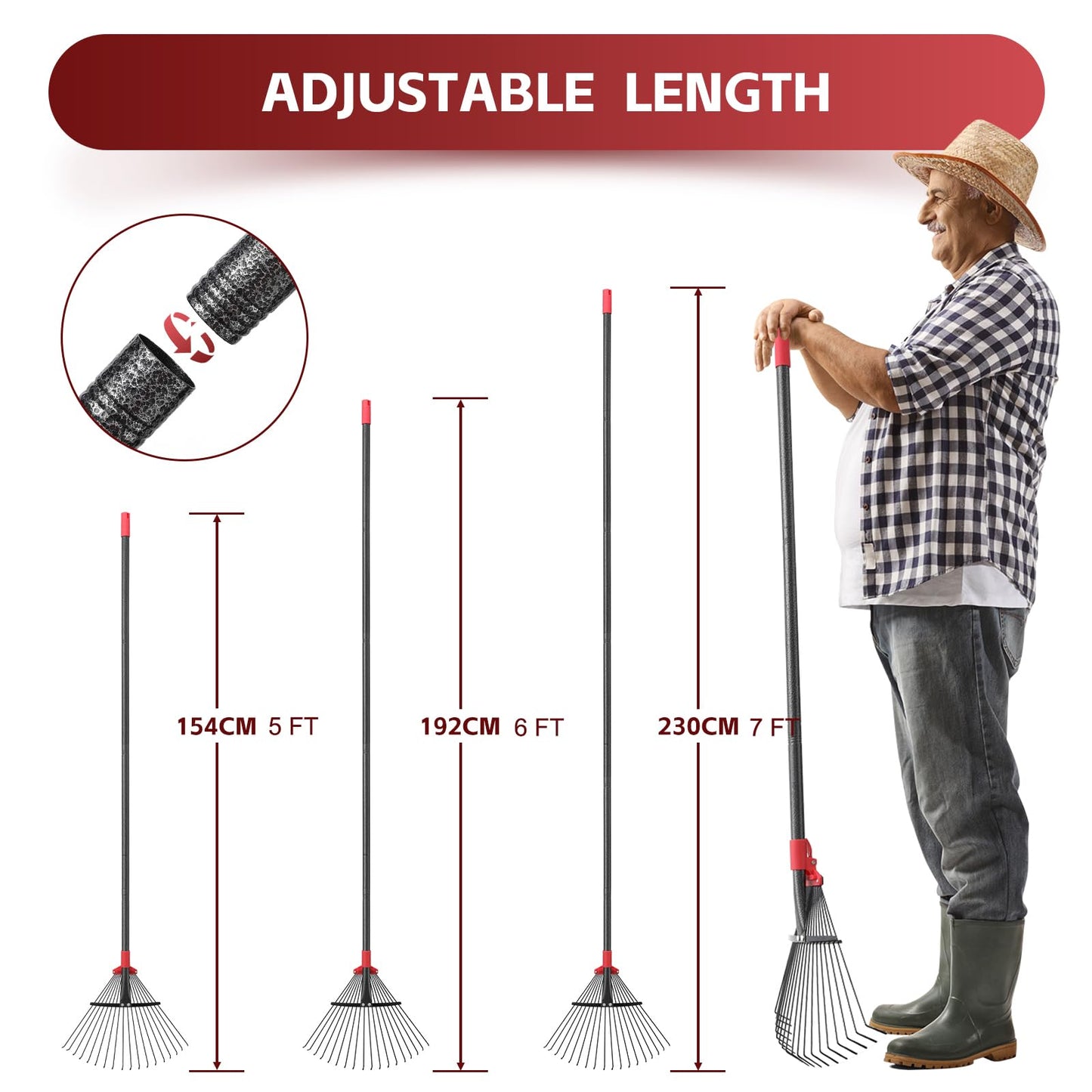 Garden Leaf Rakes for Lawns Heavy Duty, 23-41 cm Adjustable Rake Head, 82-192 cm Adjustable Long Handle, Metal Rake Tool for Gardening Camping Clear Collect Leaves Debris, 18 Anti-Rust Metal Tines