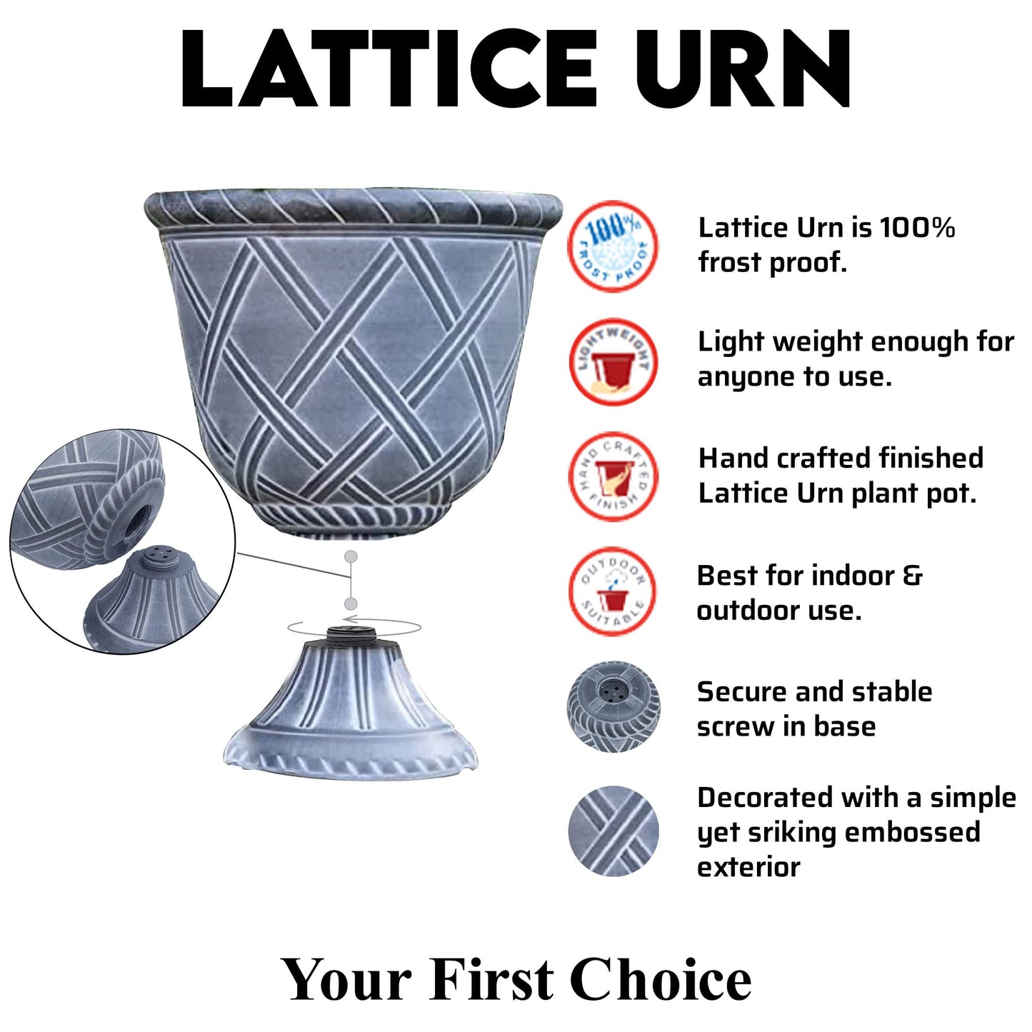 SG Traders Large Urn Plant Pot Stand, Outdoor Garden Planters, Flower Pots Indoor, Tall Planter with Drainage Holes Strong Plastic Black with White Plant pots Outdoor Large Planters Urns D43 x H49cm