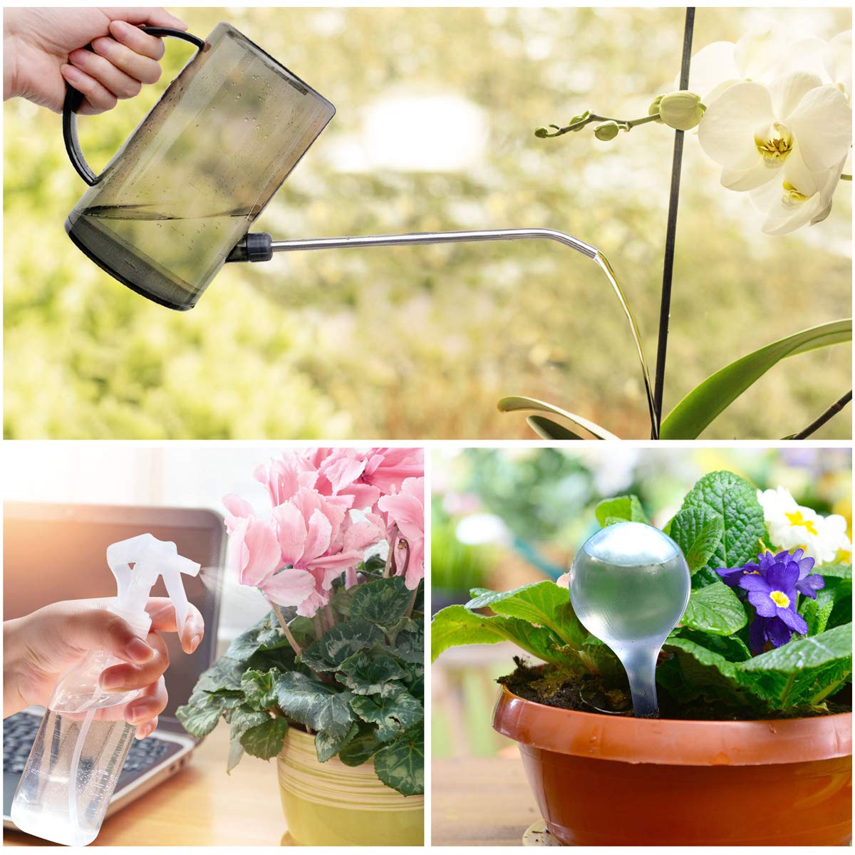 Jardineer Plant Watering Can Indoor - Watering Pot Long Spout with Spray Bottle and Automatic Watering Globes for Watering Indoor Outdoor Plants Flowers (1L Grey)