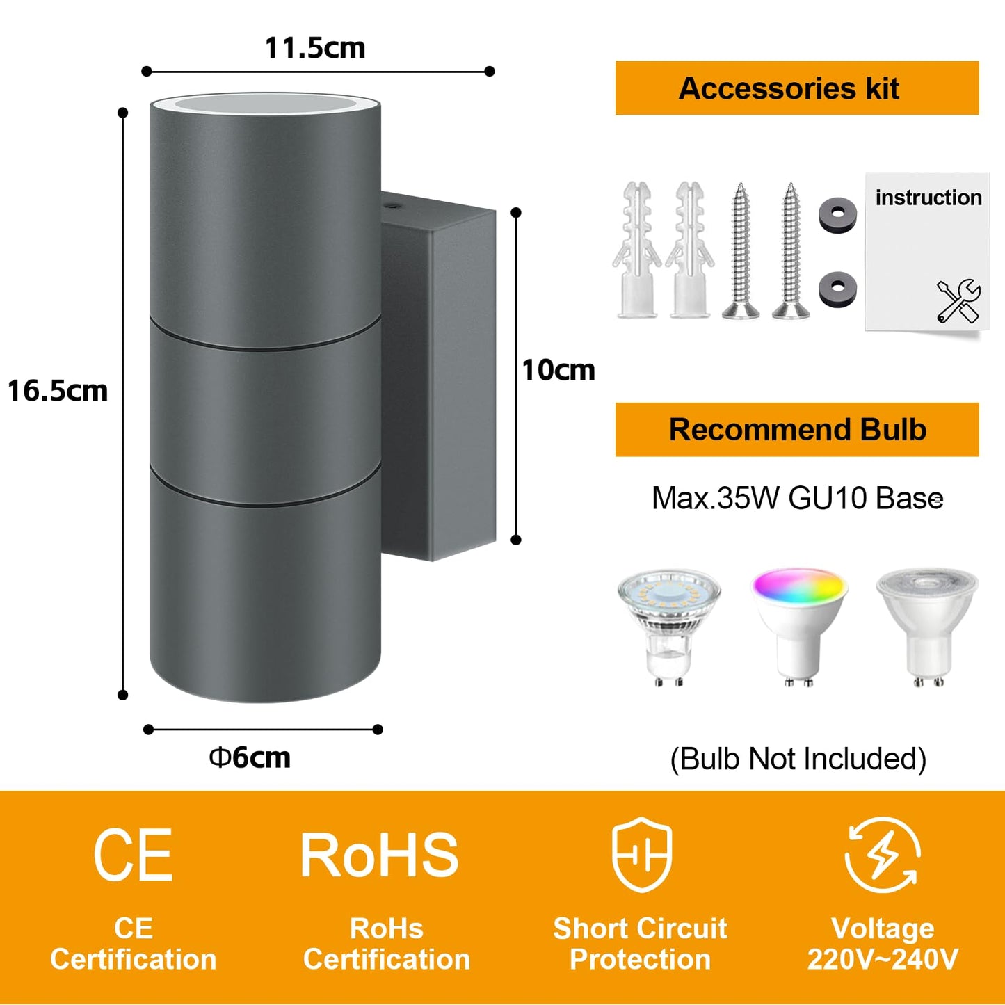 Kerry Outdoor Wall Lights, IP65 Waterproof Up Down Outside Lighting Mains Powered with Push Connector, Anthracite Grey Stainless Steel Wall Sconce, External Wall Mount Lamp for Front Door (Bulb Excl.)