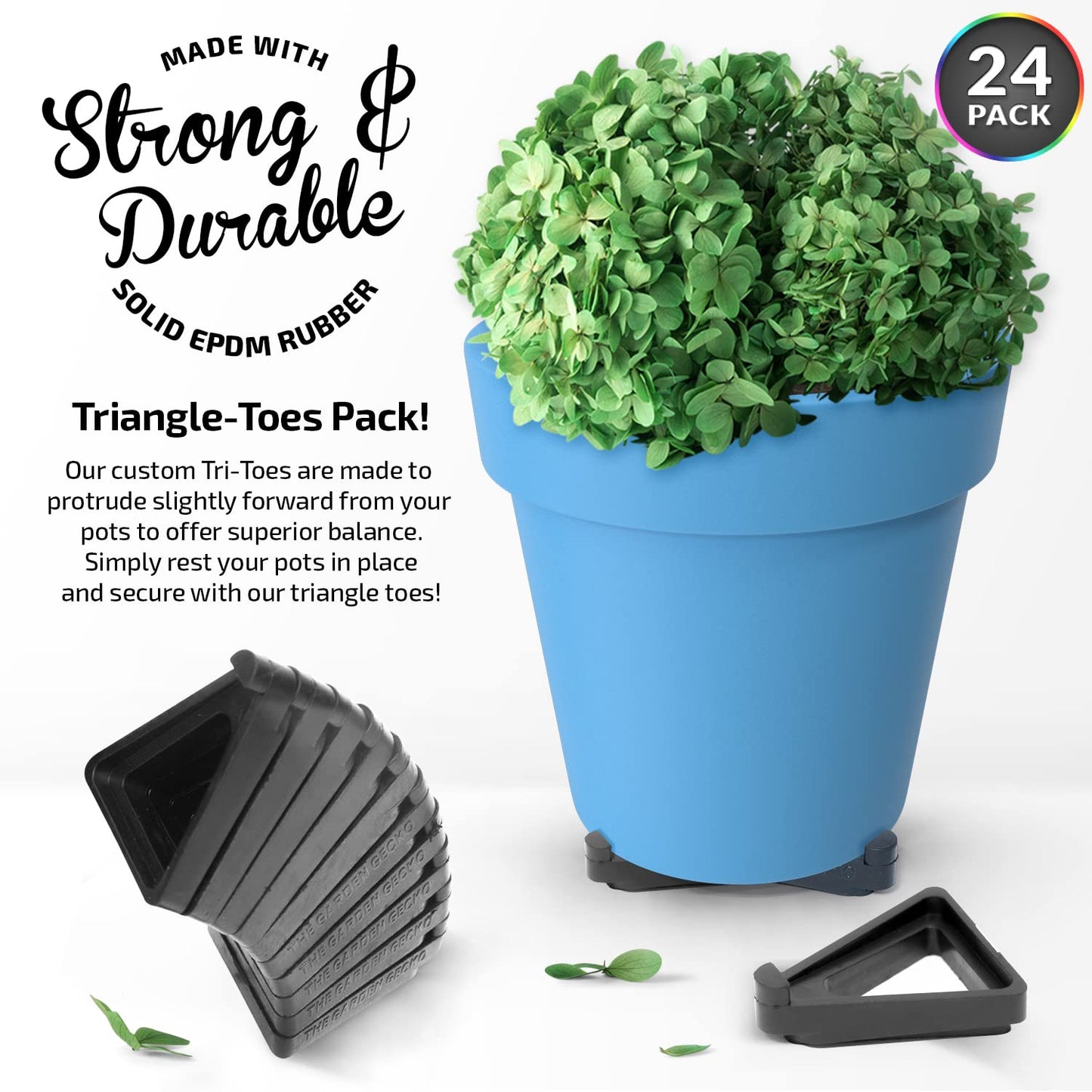 The Garden Gecko Pot feet for outdoor plant pots and flowers, SOLID EPDM RUBBER pot risers with a custom non-slip surface grip | 24 Triangle Hollow Pot-Toe Pcs