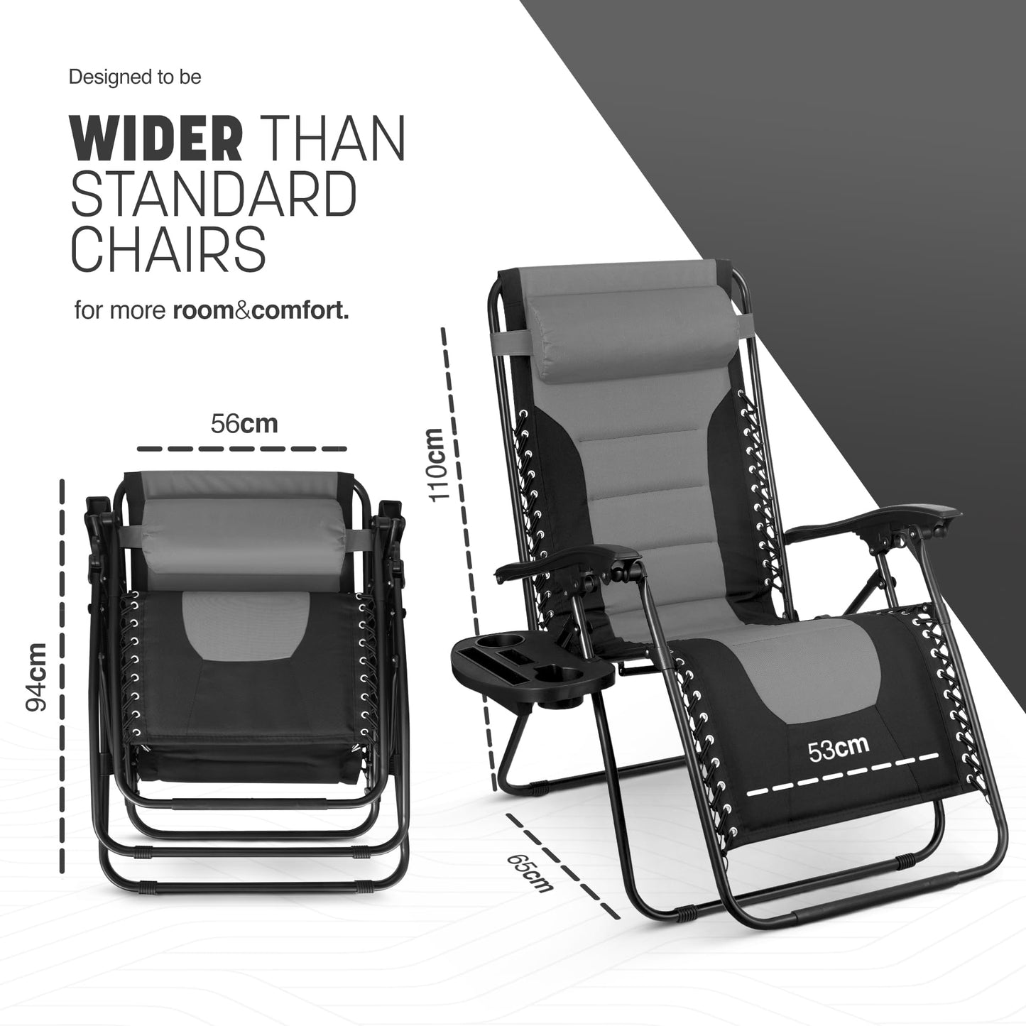 KEPLIN Set of 2 XXL Premium Heavy Duty Textoline Zero Gravity Chairs - Luxurious Garden Recliners, Adjustable Headrest, Cup & Phone Holder, Foldable & Easy to Clean Patio Sun Loungers (Light Grey)