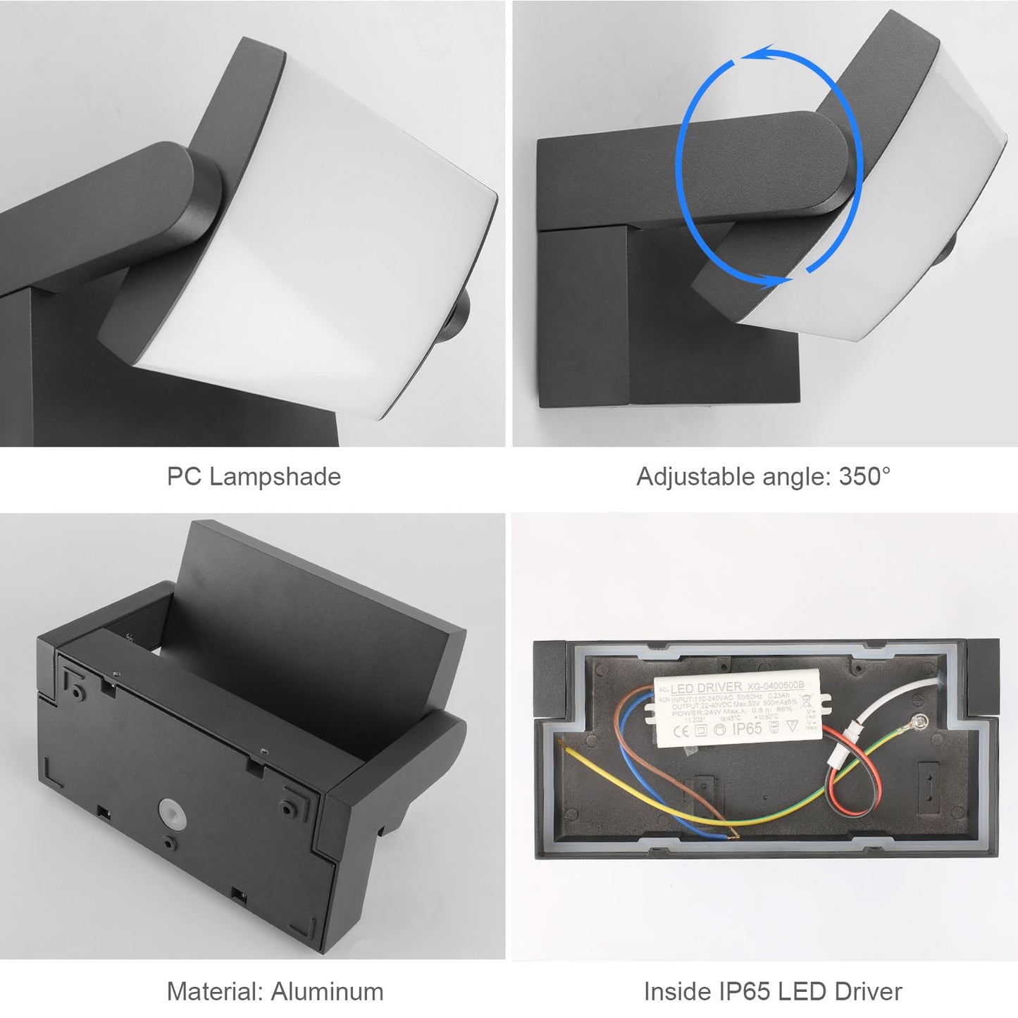 Klighten 24W LED Wall Light Outdoor Indoor Waterproof IP65 Adjustable Lamp Modern Outside Light Aluminum Wall Lighting for Entrance Garden Balcony, Dark Gray, Warm White 2700K-3000K