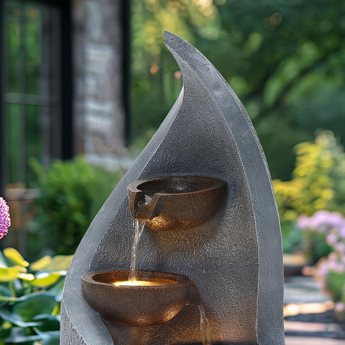 CHARLES BENTLEY 3 Tier Water Feature, UV Resistant, Weather Resistant, Mains Powered, Plug Included, Frost Resistant, Modern, Water Fountain, Built In LED Lights, Bronze, Polyresin (67x27.5x27cm)