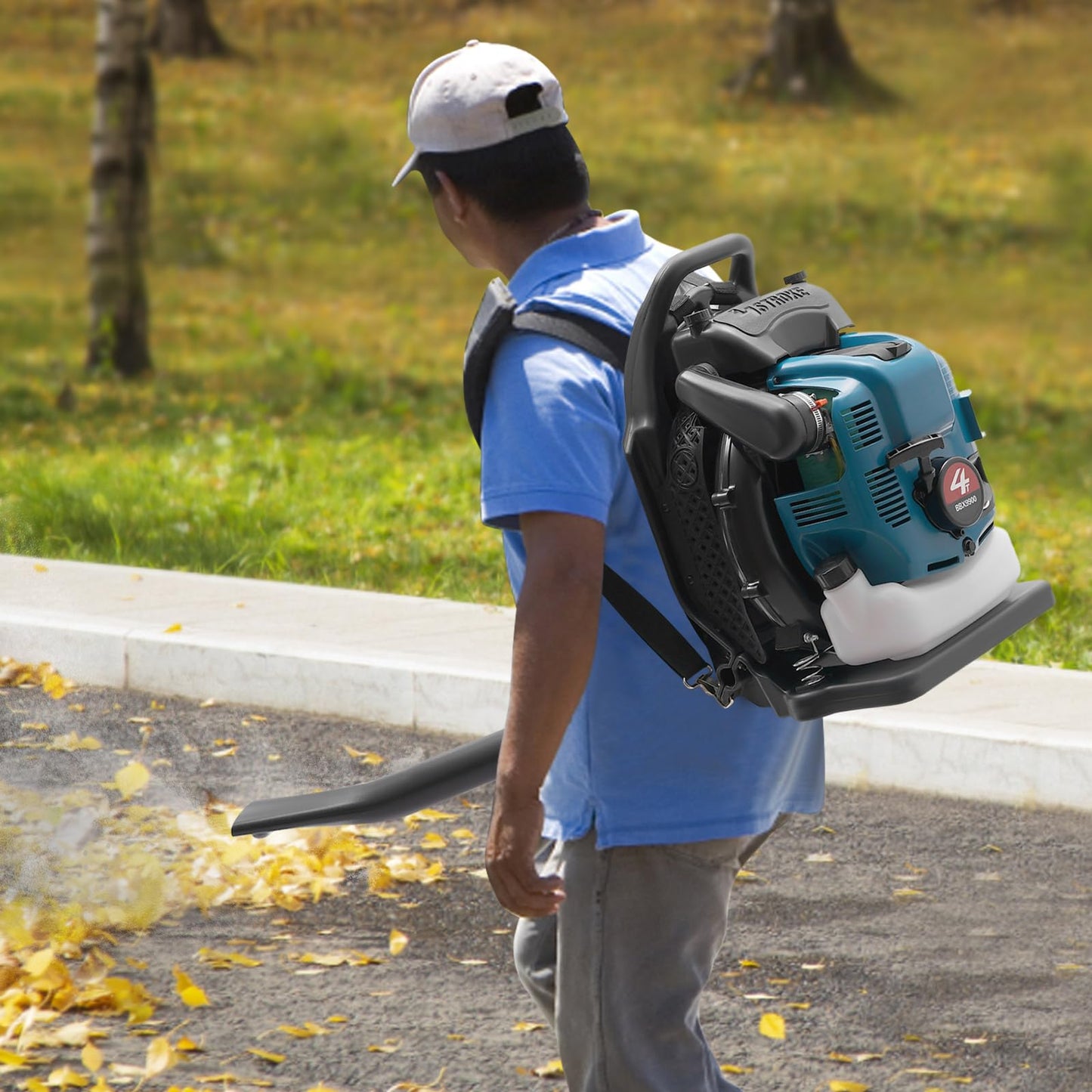 Petrol Backpack Leaf Blower 75.6cc Gas leaf blower 4-Stroke Powerful Air Cooled Engine 1.9L Blue Fuel Tank Powerful Wind Force Ergonomic Design Snow for Lawn Care Road Cleaning, 2.6kw/7000r/min