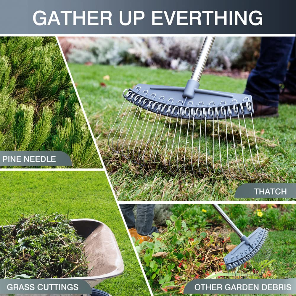 Colwelt Thatch Rake -24 Steel Tines, Thatch Rakes for Lawns with 137cm Lightweight Stainless Steel Handle, Yard Dethatching Rakes for Your Lawn(Thatch, Dead Grass, Leaves, Mulch, Pine Needles)