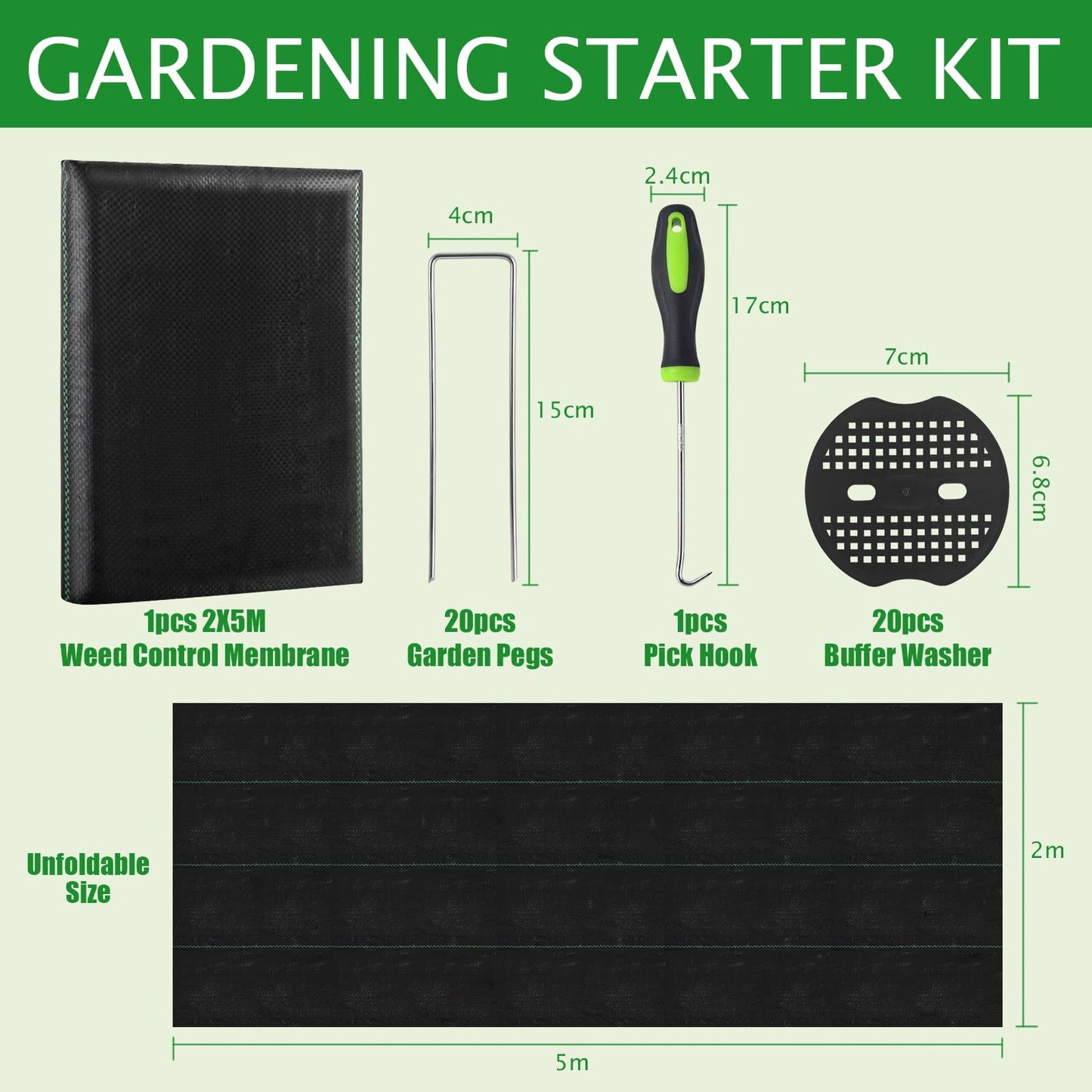 ZEAKKCEE 2M X 5M Weed Control Membrane, 90gsm Premium Heavy Duty Weed Barrier Landscape Fabric Mat, Ground Cover for Landscaping Patios Gardening Farming with 20 U-Shaped Securing Pegs Washers