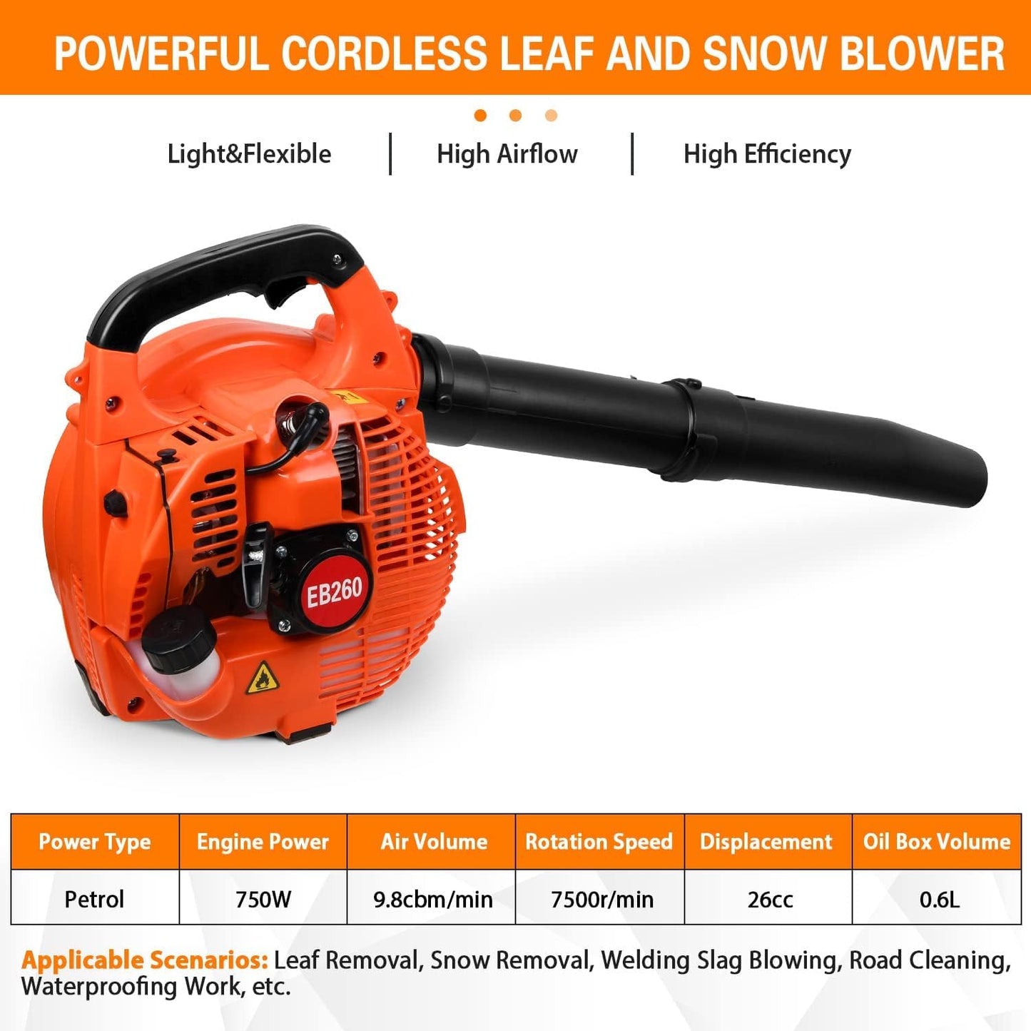 26cc Petrol Leaf Blower, Handheld Leaves Blowing Dust Snow with Adjustable Shoulder Strap for Patio Cleaning, Lawn Care, Leaves Garden Orange