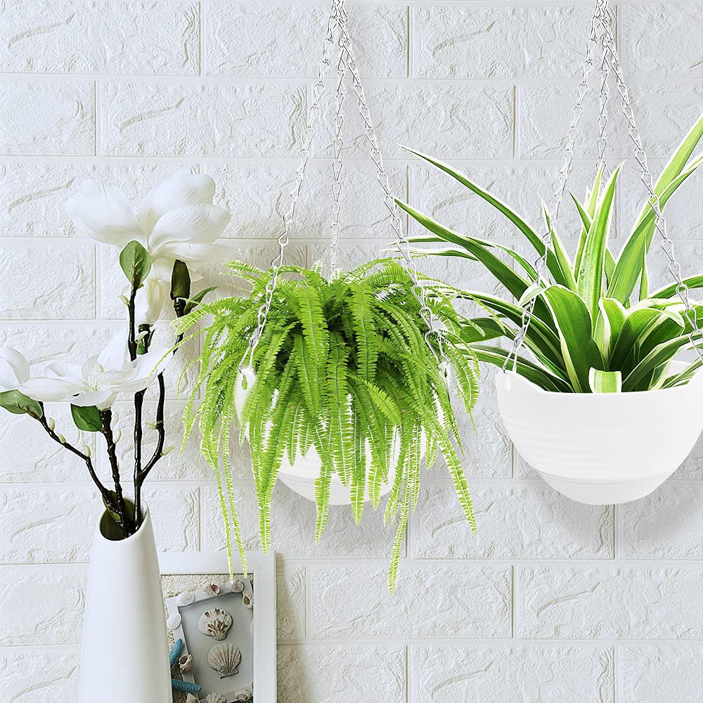 3 Pcs 8 inch Hanging Planter Pots,Self-Watering Round Hanging Basket with Water Tray and Metal Chain,Succulent Flower Plant Pot Container for Indoor Outdoor Garden Balcony Wall Decor,White