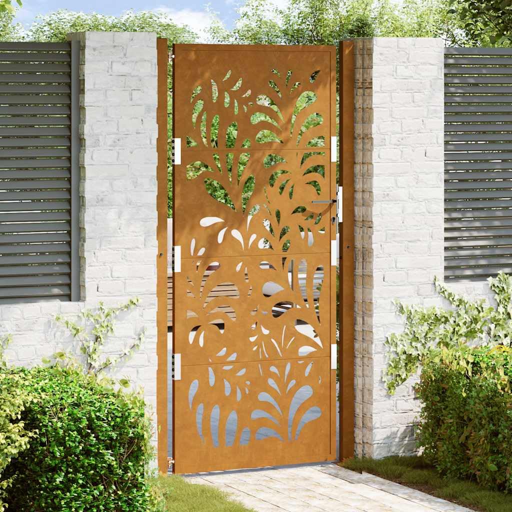 vidaXL garden patio gate - weathering steel, 105x205 cm, wave laser-cut design, rustic charm, lockable safety