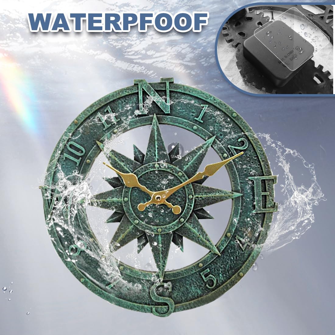 Taodyans Outdoor Wall Clock 30cm Outside Waterproof Garden Clock Quartz Battery Operated Round Clocks Retro Home Kitchen Living Room Decor Clocks -Not Silent (Turquoise)