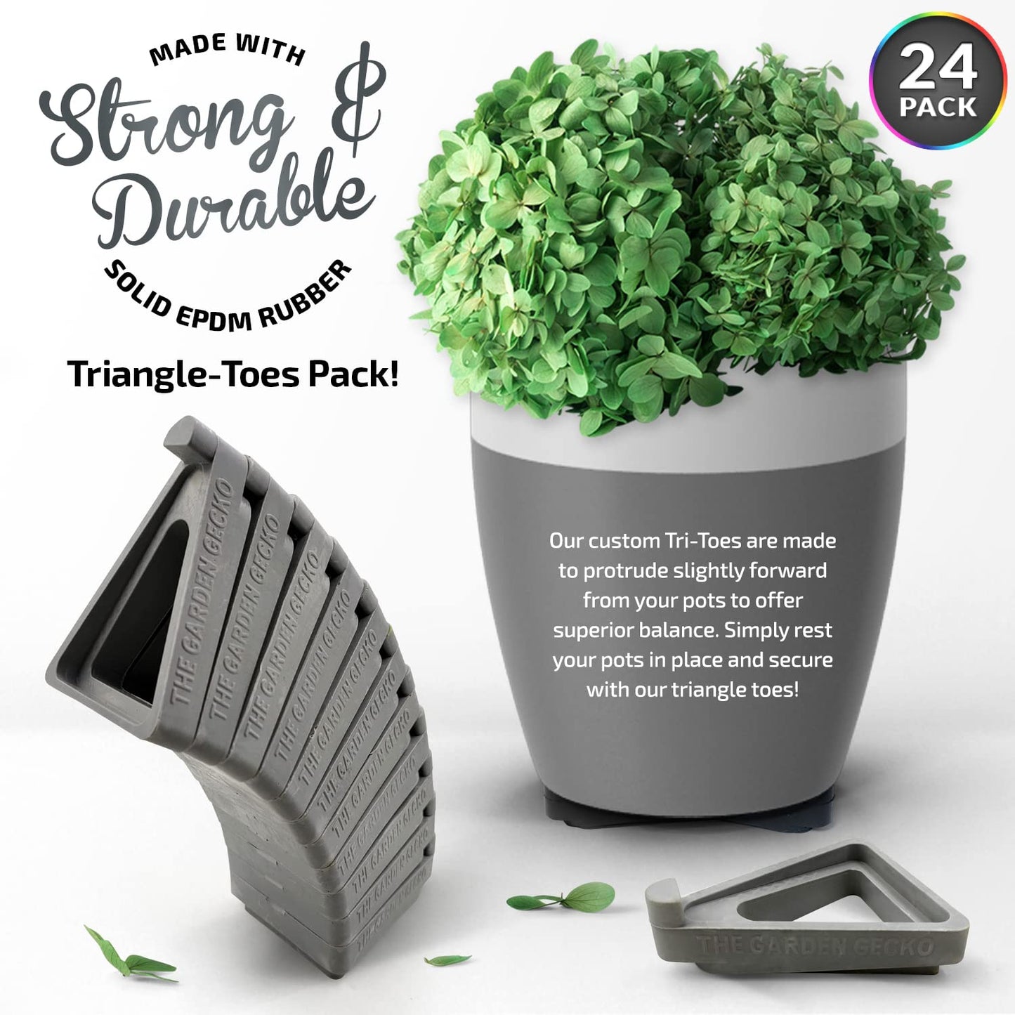 The Garden Gecko Pot feet for outdoor plant pots and flowers, solid rubber pot risers with a custom non-slip surface grip | 24 Triangle Hollow Pot-Toe Pcs | GREY WISP