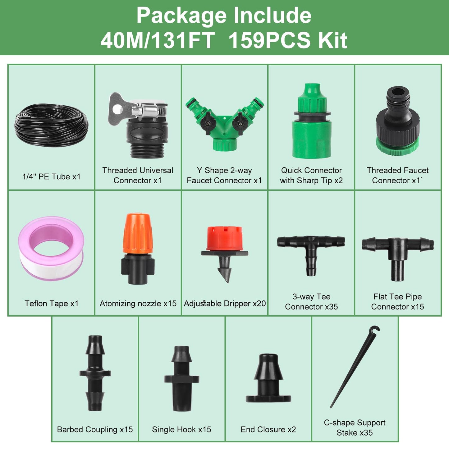 Ulable Irrigation System Kit 40m/131ft Greenhouse Micro Automatic Watering System Drip Irrigation Hose-158PCS Self Watering System for plants DIY Plant Watering Devices for Garden, Lawn, Patio